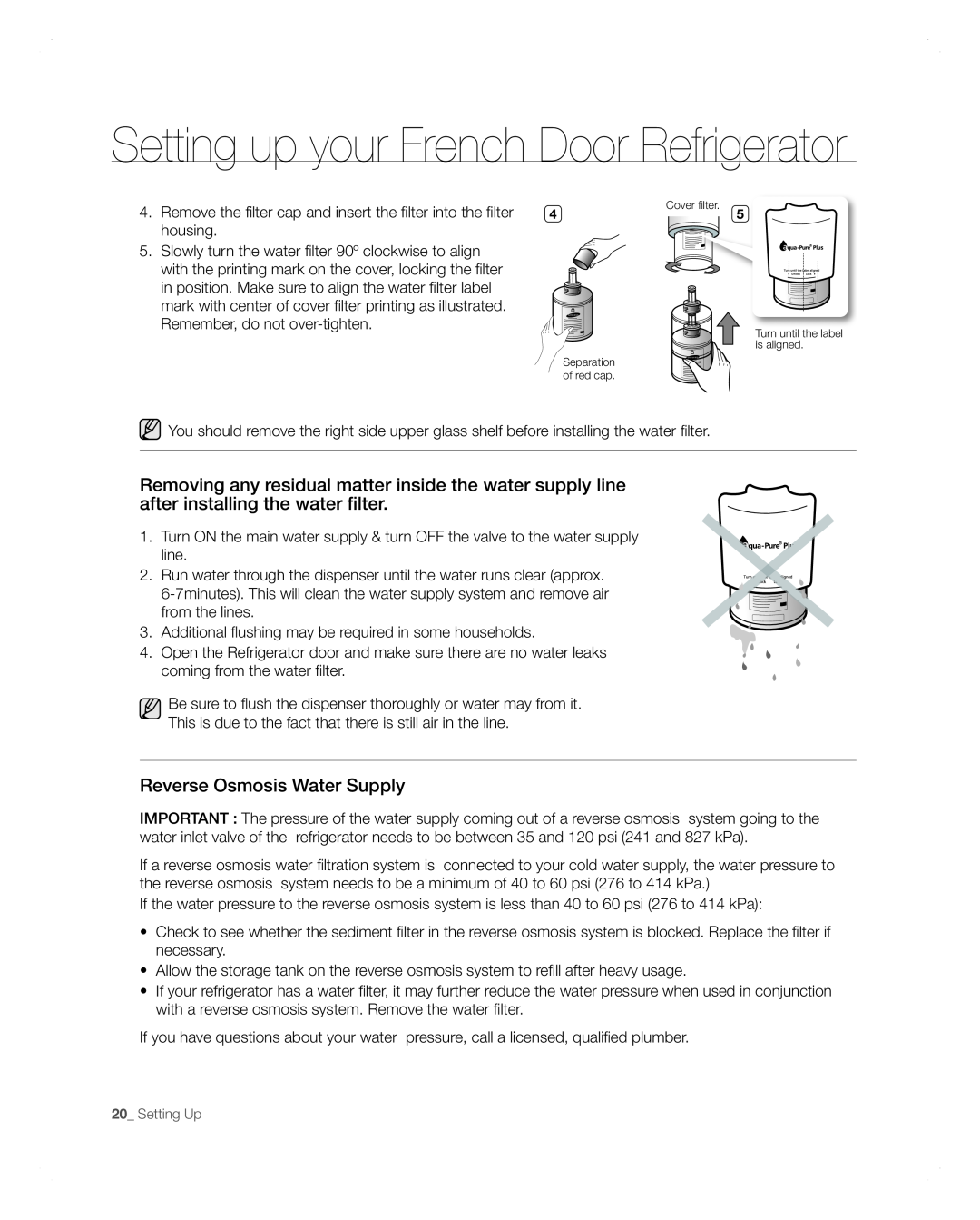 Samsung RFG297AARS user manual Setting up your French Door Refrigerator, Reverse Osmosis Water Supply, housing 