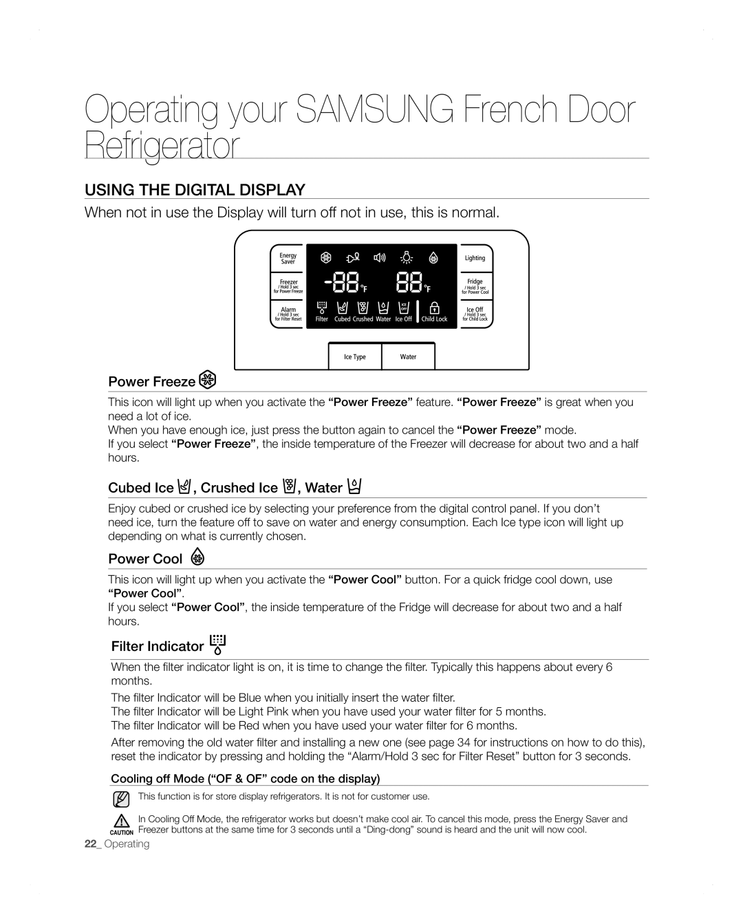 Samsung RFG297AARS Using The Digital Display, Operating your SAMSUNG French Door Refrigerator, Power Freeze, Power Cool 