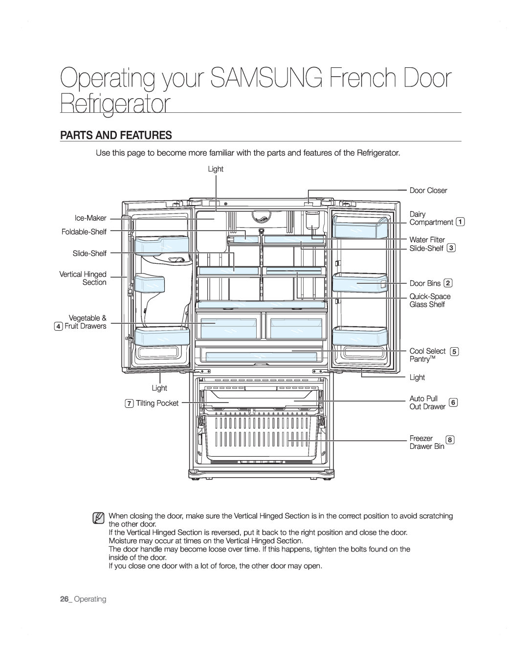 Samsung RFG297AARS user manual Parts And Features, Operating your SAMSUNG French Door Refrigerator, Auto Pull, Out Drawer 