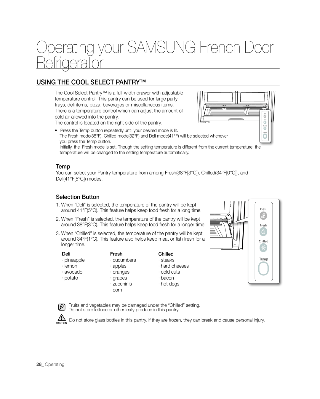 Samsung RFG297AARS Using The Cool Select Pantry, Operating your SAMSUNG French Door Refrigerator, Temp, Selection Button 