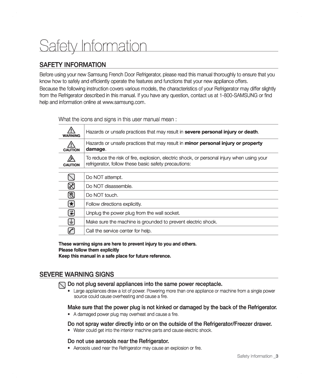 Samsung RFG297AARS Safety Information, Severe Warning Signs, What the icons and signs in this user manual mean, damage 