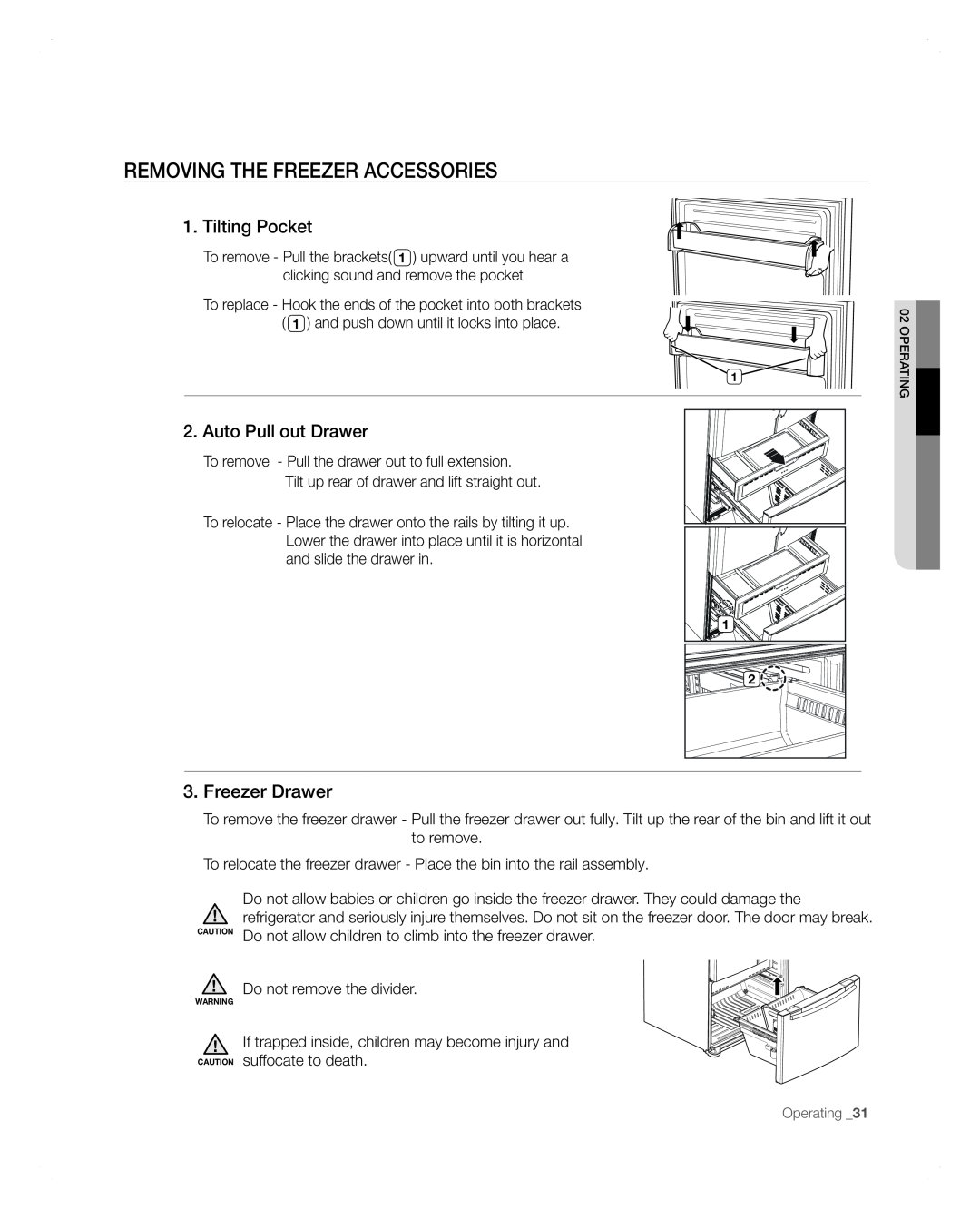 Samsung RFG297AARS user manual Removing The Freezer Accessories, Tilting Pocket, Auto Pull out Drawer, Freezer Drawer 