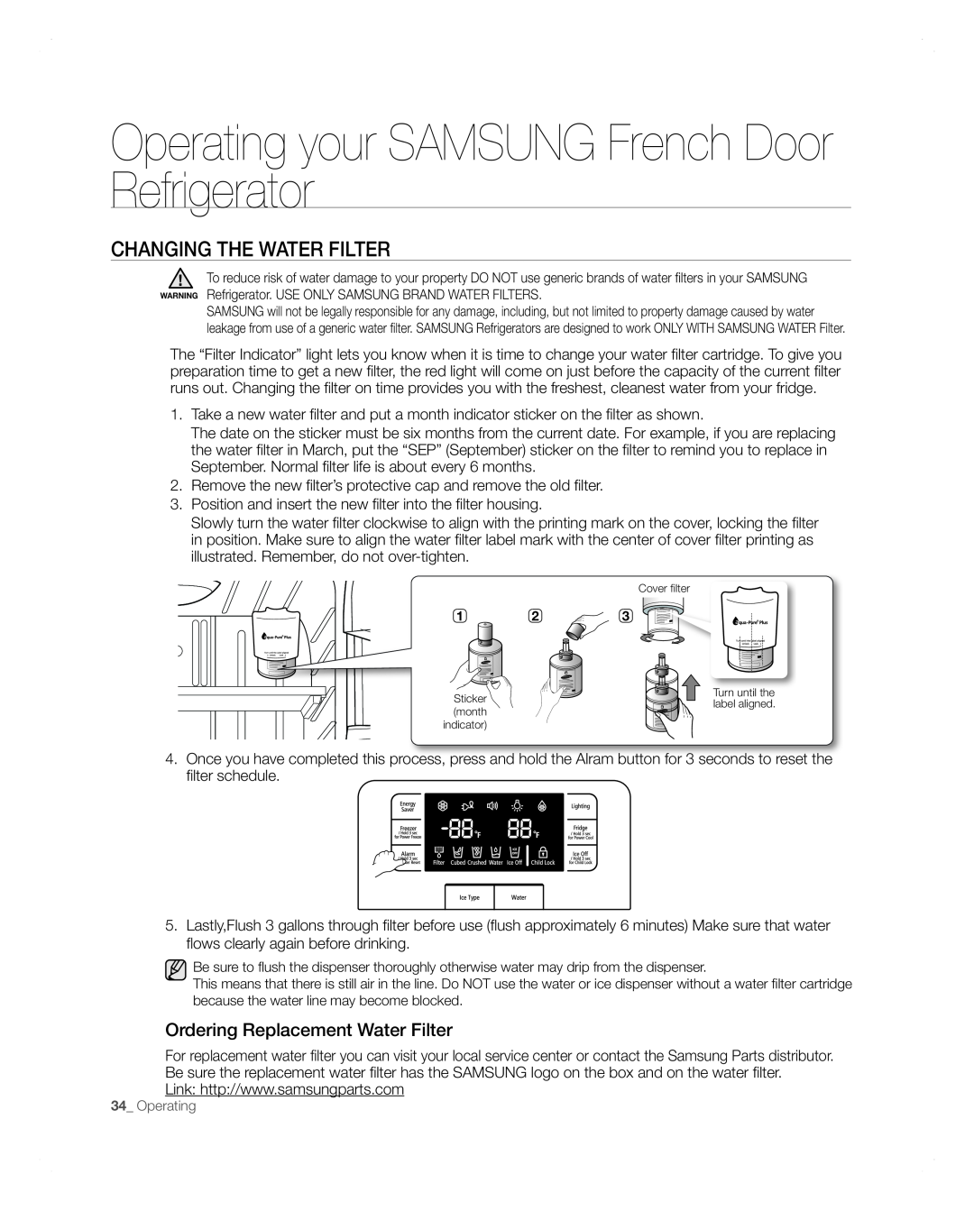 Samsung RFG297AARS user manual CHAnGinG tHE wAtER FiLtER, Operating your SAMSUNG French Door Refrigerator 