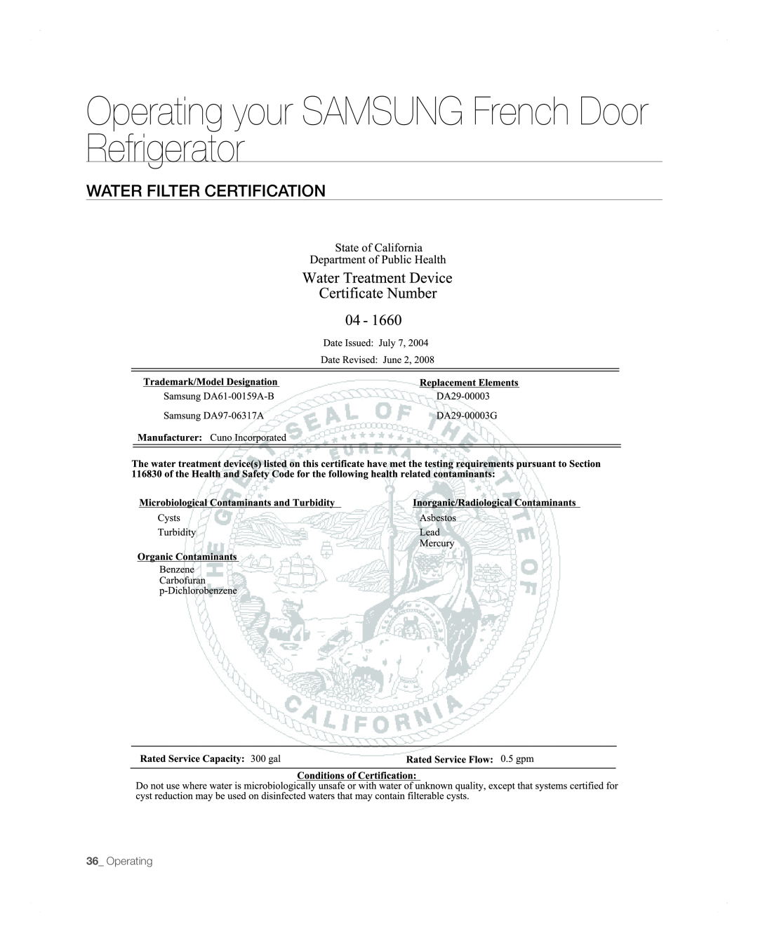 Samsung RFG297AARS user manual Water Filter Certification, Operating your SAMSUNG French Door Refrigerator 