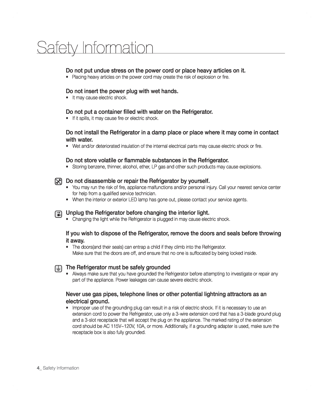 Samsung RFG297AARS user manual Safety Information, Do not insert the power plug with wet hands 
