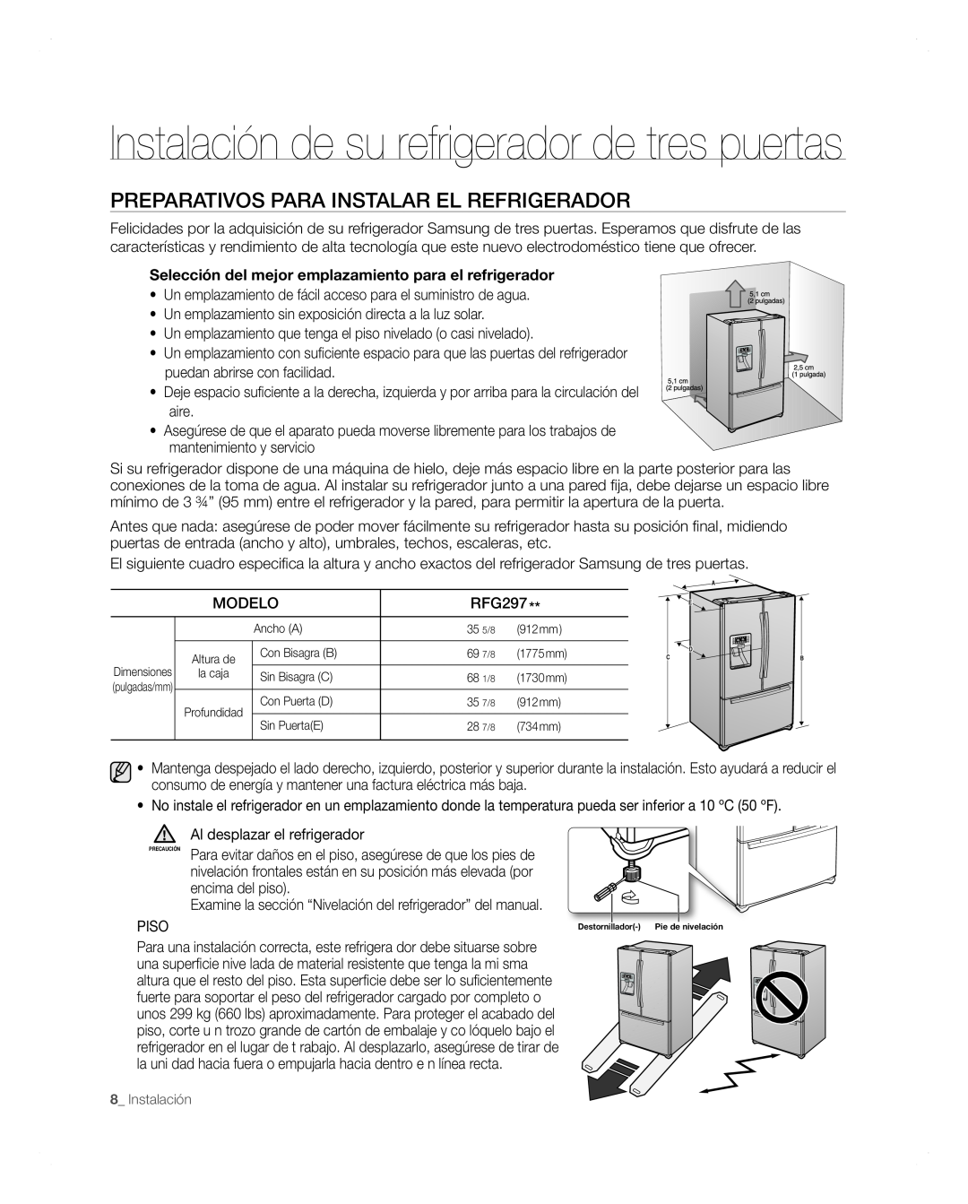 Samsung RFG297AARS user manual Instalación de su refrigerador de tres puertas, Preparativos Para Instalar El Refrigerador 