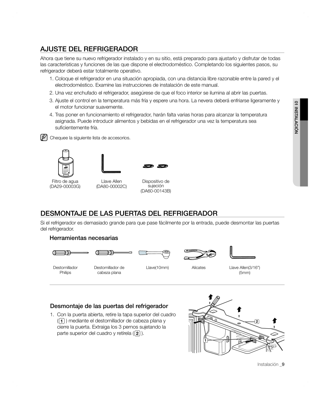 Samsung RFG297AARS user manual Ajuste Del Refrigerador, Desmontaje De Las Puertas Del Refrigerador, Herramientas necesarias 