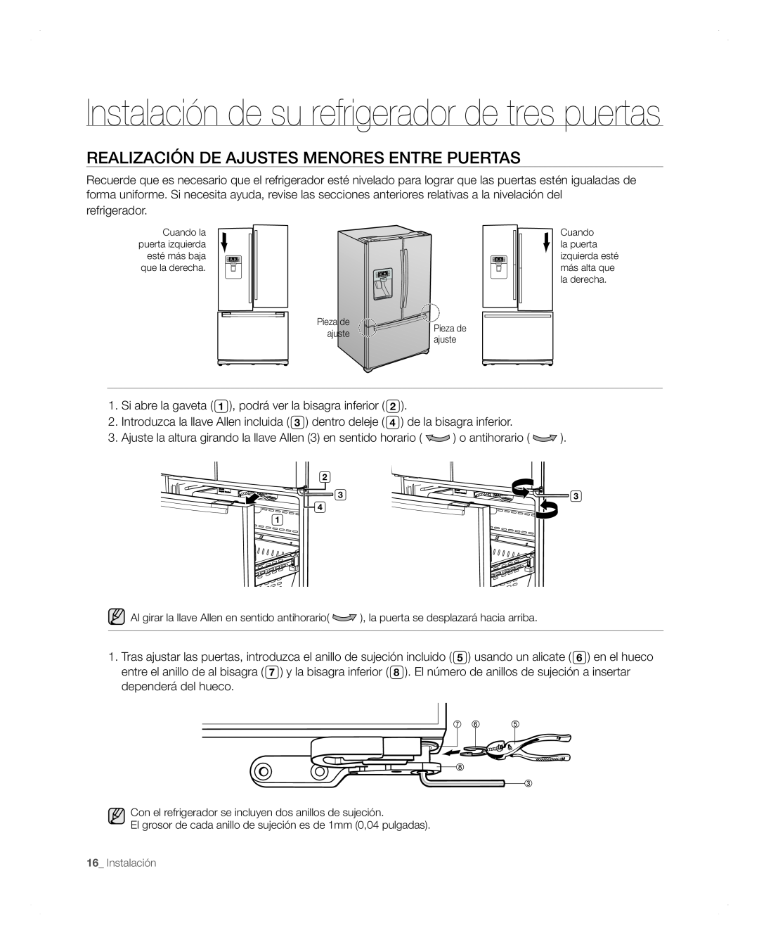 Samsung RFG297AARS user manual Realización De Ajustes Menores Entre Puertas, Instalación de su refrigerador de tres puertas 