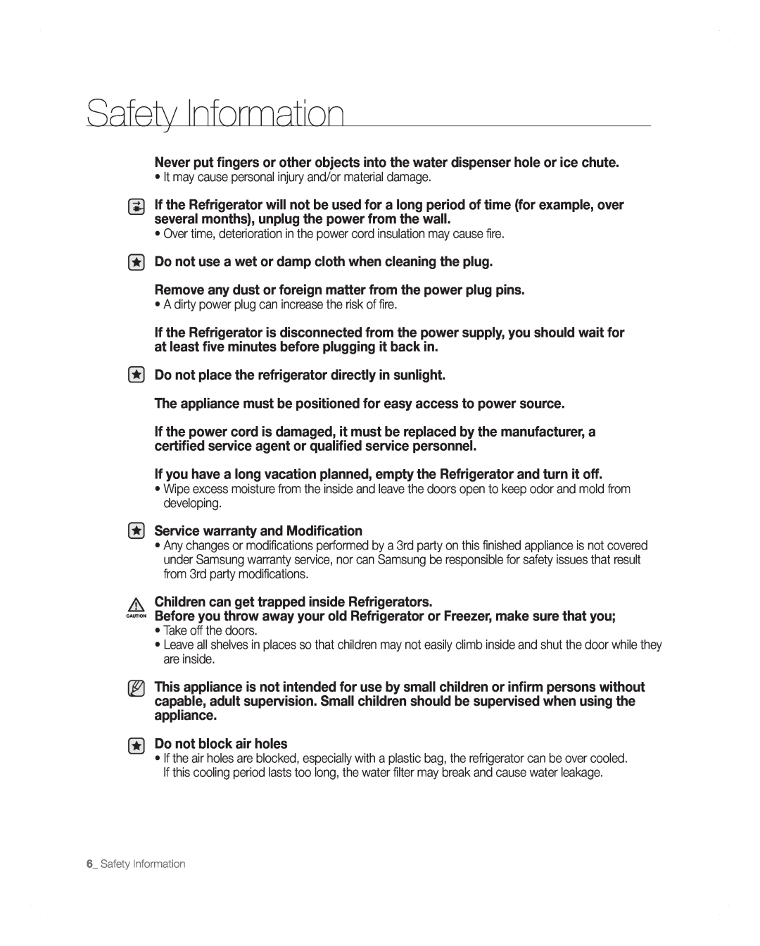 Samsung RFG297AARS user manual Safety Information 