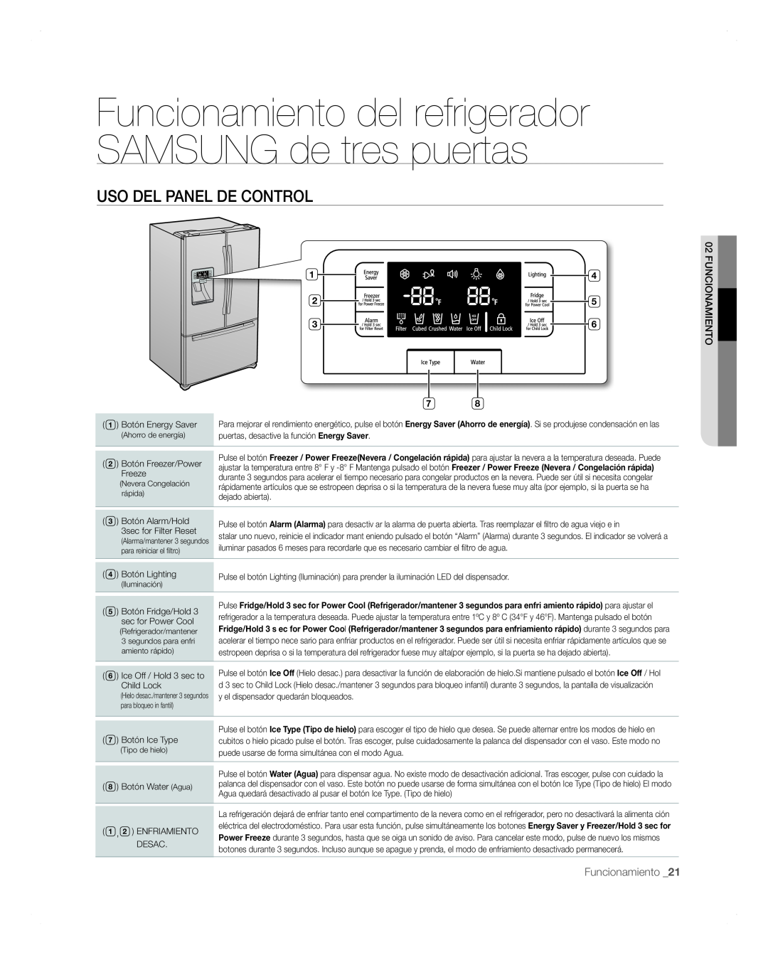Samsung RFG297AARS Funcionamiento del refrigerador SAMSUNG de tres puertas, Uso Del Panel De Control, Enfriamiento 