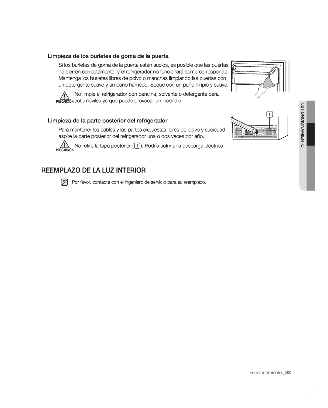 Samsung RFG297AARS user manual Reemplazo De La Luz Interior, Limpieza de los burletes de goma de la puerta 