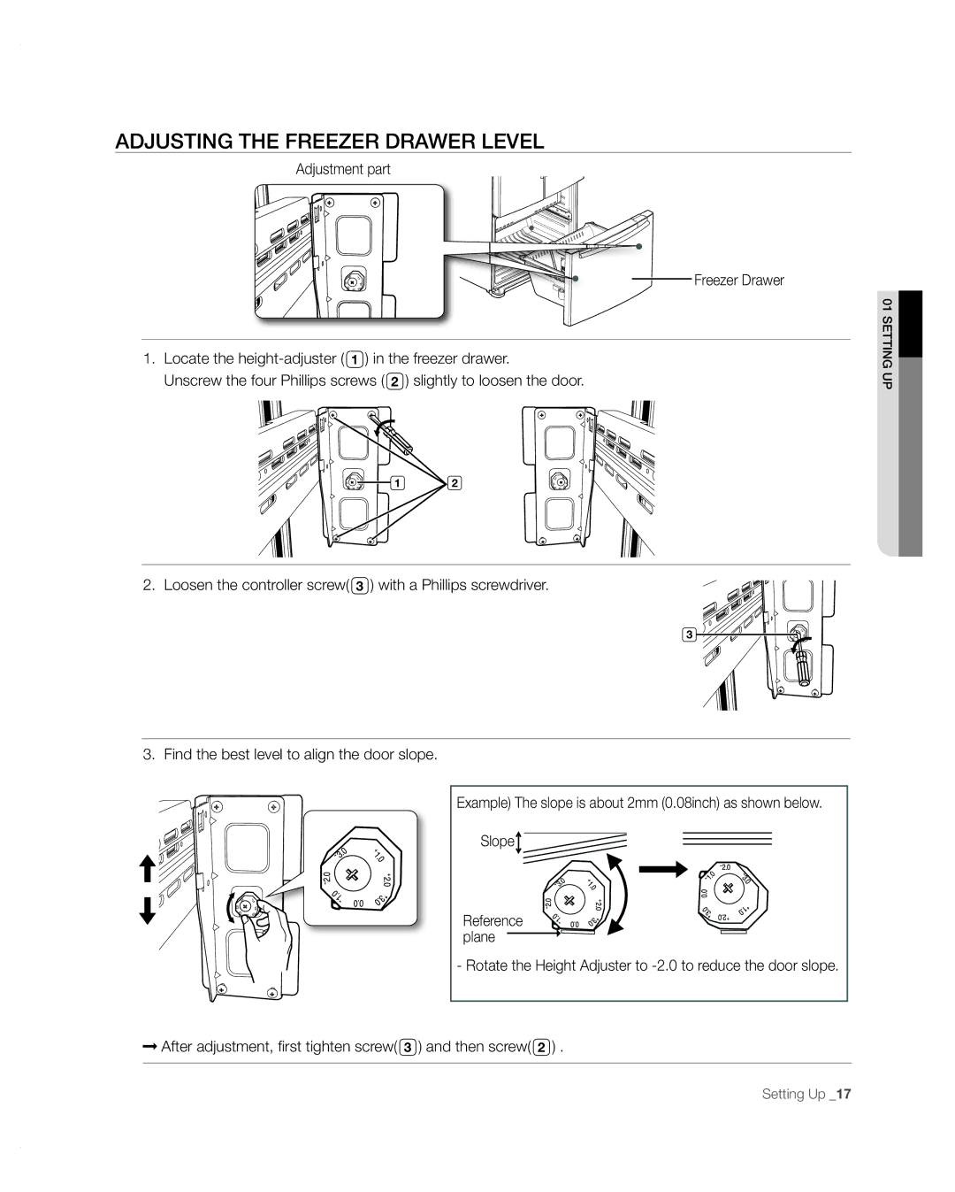 Samsung RFG297AARS/XAA user manual Adjusting the Freezer Drawer Level 