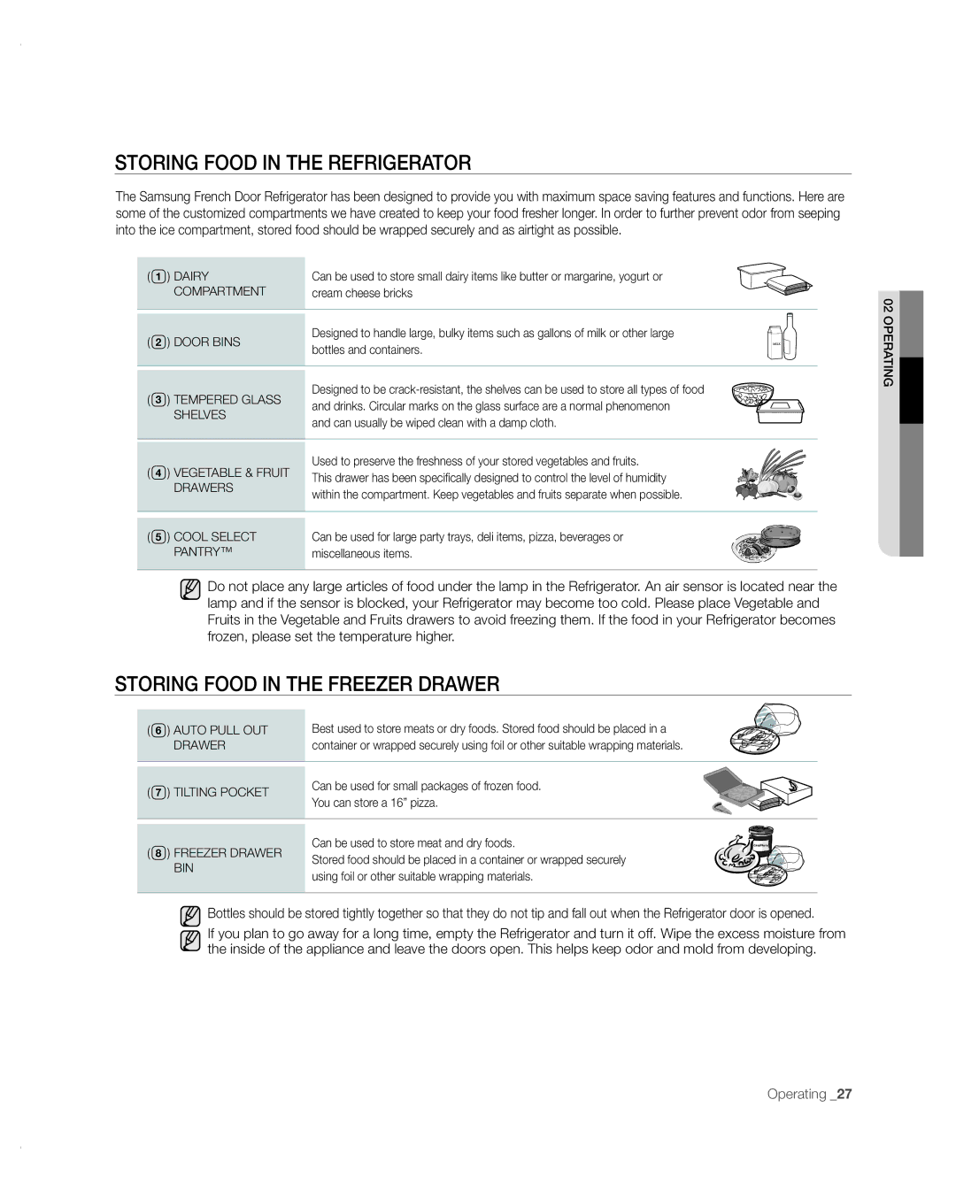 Samsung RFG297AARS/XAA user manual Storing Food in the Refrigerator, Storing Food in the Freezer Drawer 