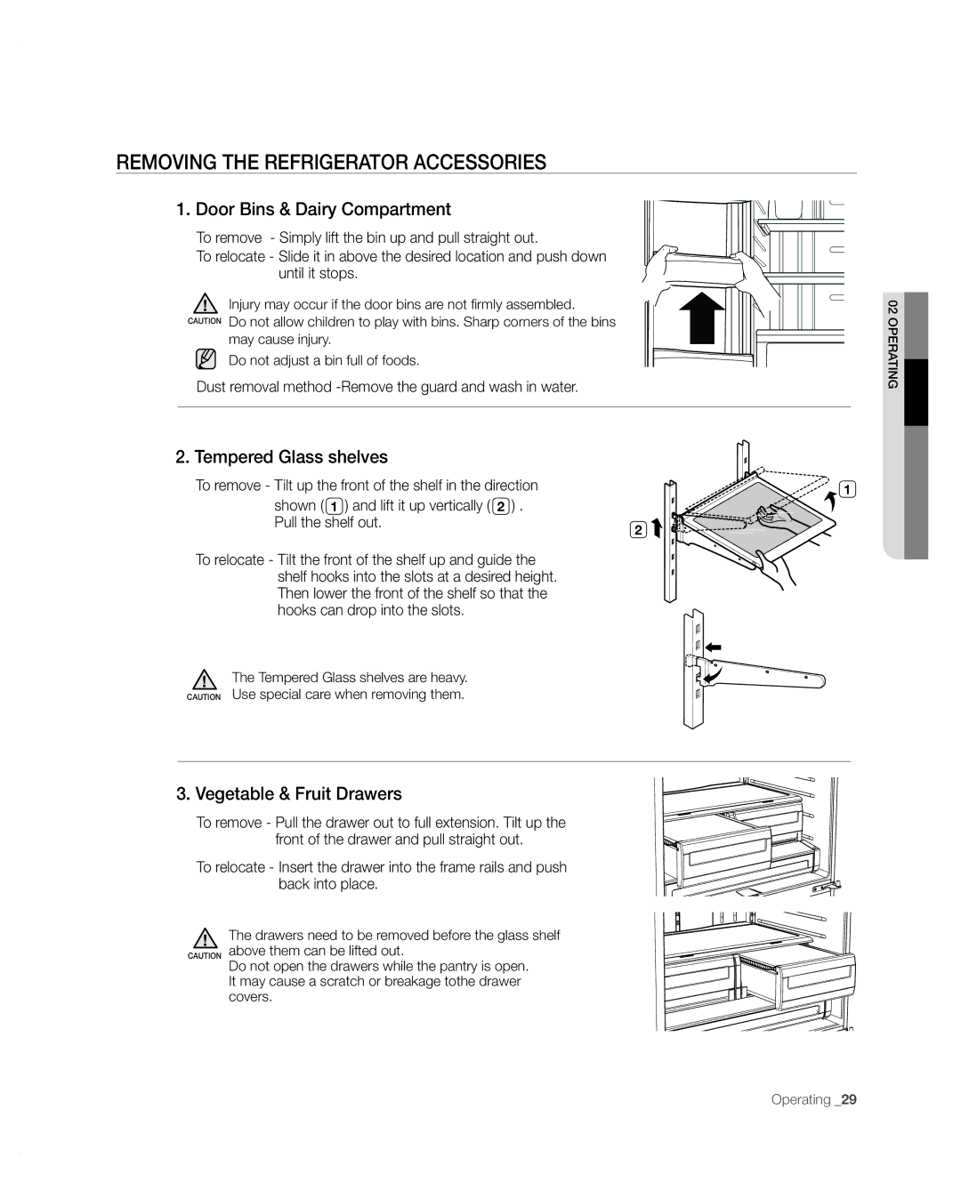 Samsung RFG297 user manual Removing the Refrigerator Accessories, Door Bins & Dairy Compartment, Tempered Glass shelves 