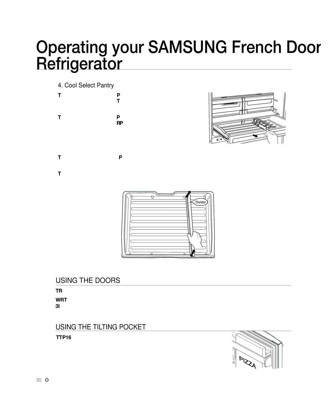 Samsung RFG297AARS/XAA user manual Using tHe DooRs, UsinG tHE tiLtinG PoCKEt, Cool Select Pantry 