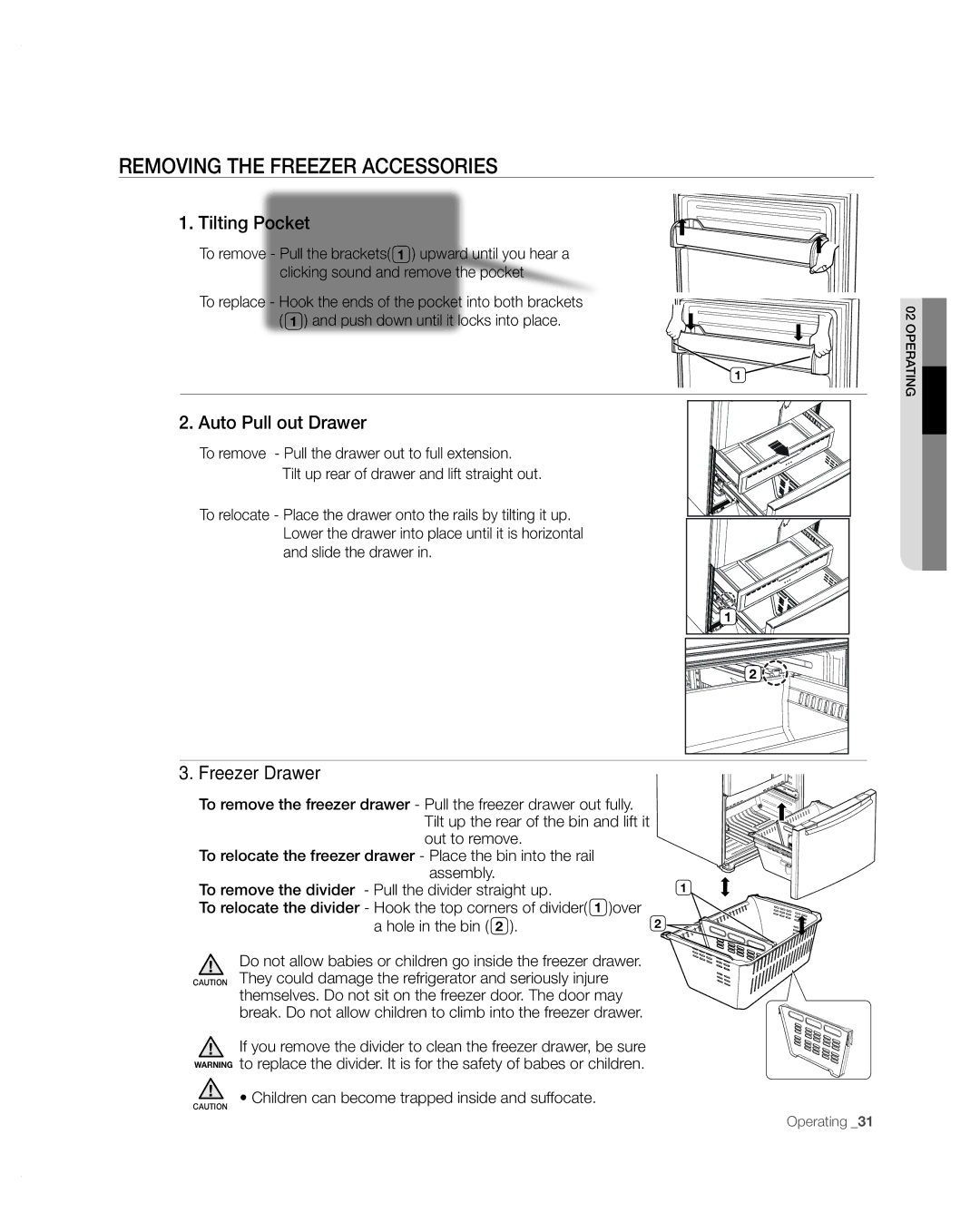 Samsung RFG297AARS/XAA Removing the Freezer Accessories, Tilting Pocket, Auto Pull out Drawer, Freezer Drawer 