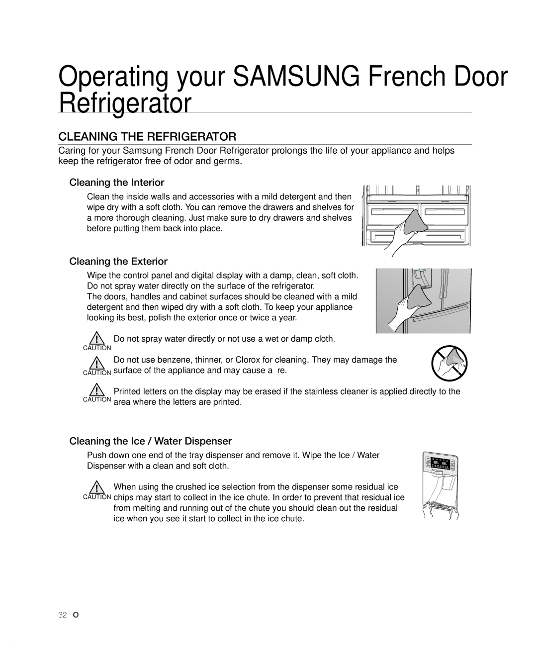 Samsung RFG297AARS/XAA user manual Cleaning the refrigerator, Cleaning the Interior, Cleaning the Exterior 