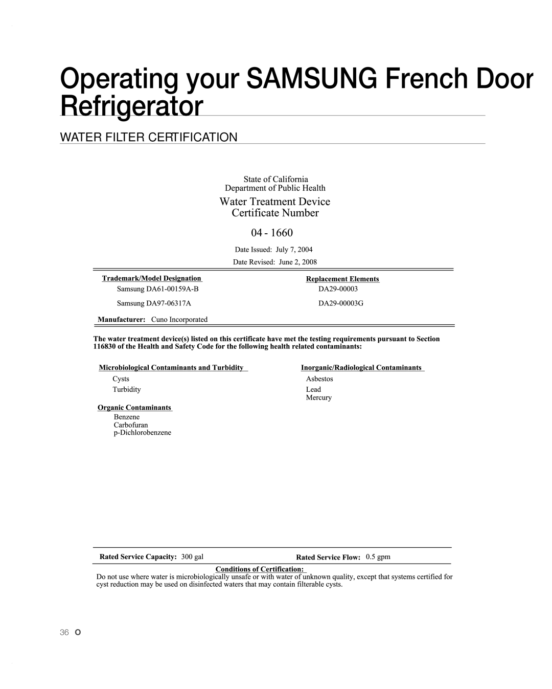 Samsung RFG297AARS/XAA user manual Water Filter Certification 