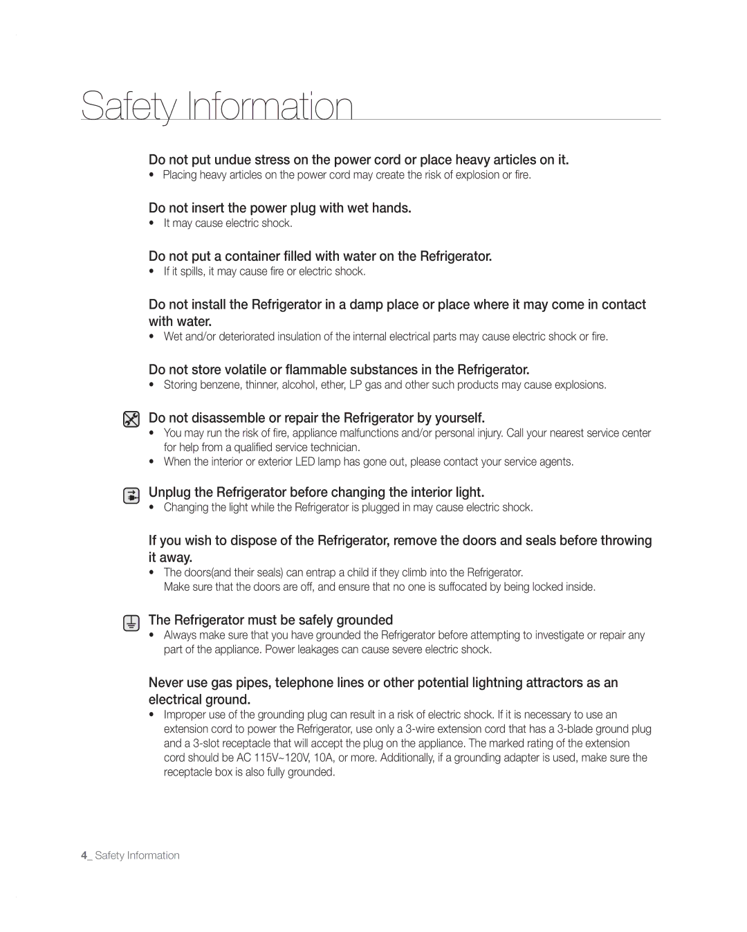 Samsung RFG297AARS/XAA user manual Do not insert the power plug with wet hands, Refrigerator must be safely grounded 