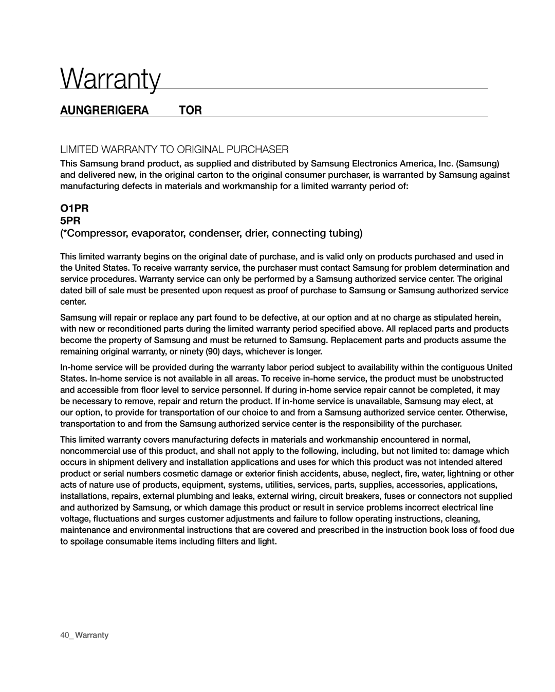 Samsung RFG297AARS/XAA user manual Warranty, SAMsunG REFRiGERAtoR 