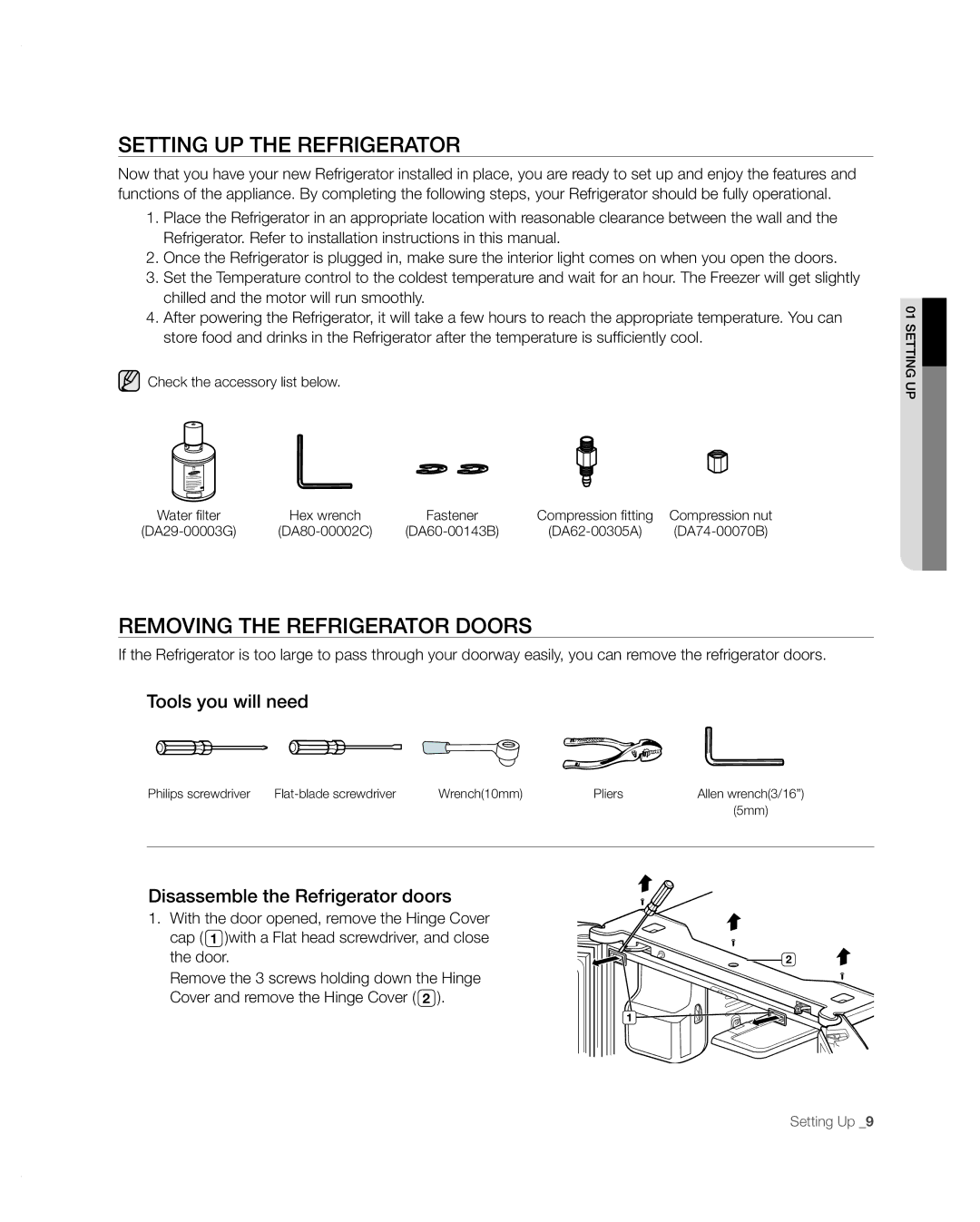 Samsung RFG297AARS/XAA user manual Setting uP tHe ReFRigeRAtoR, Removing the refrigerator doors, Tools you will need 