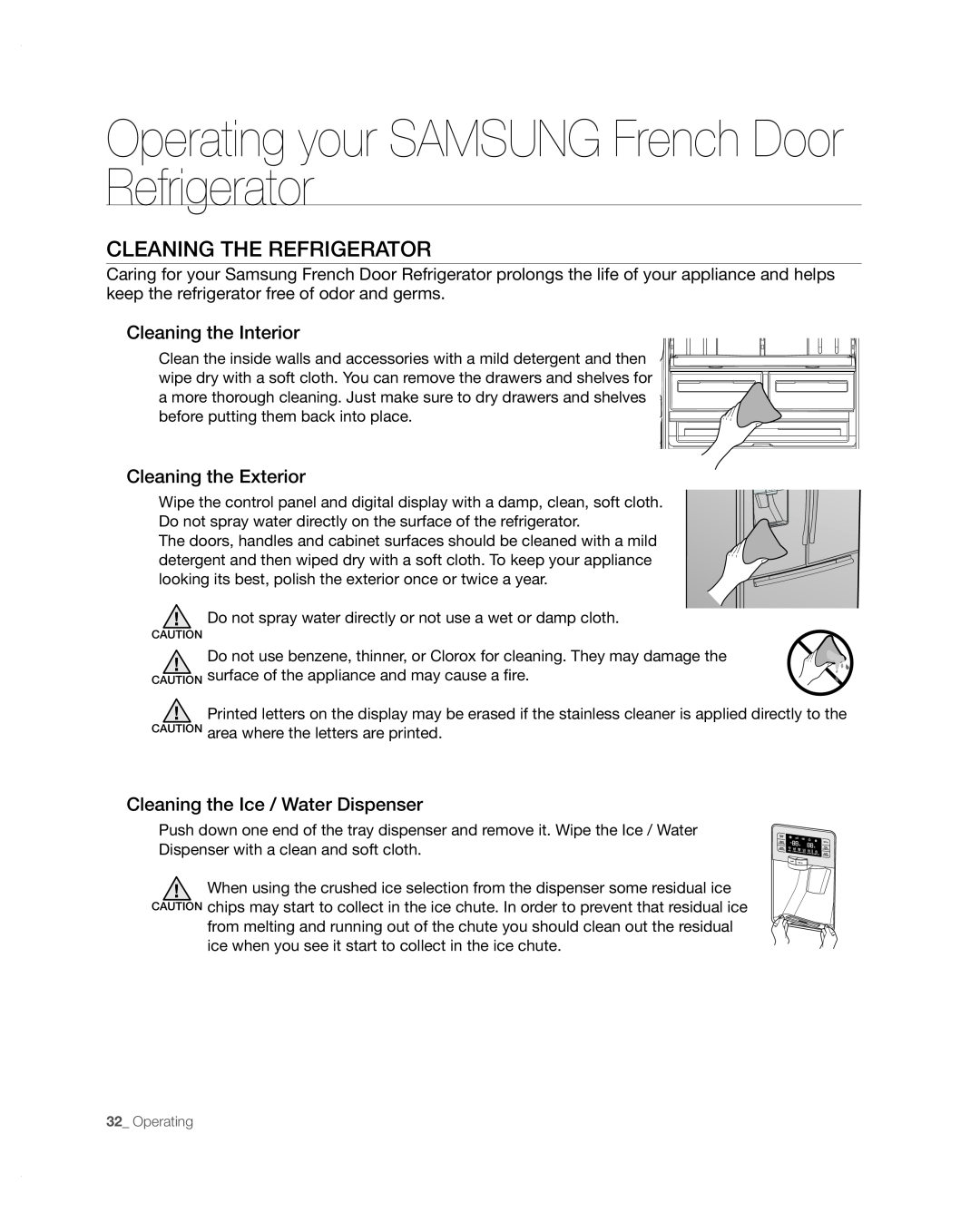 Samsung RFG297AARS/XAA Cleaning the refrigerator, Operating your SAMSUNG French Door Refrigerator, Cleaning the Interior 