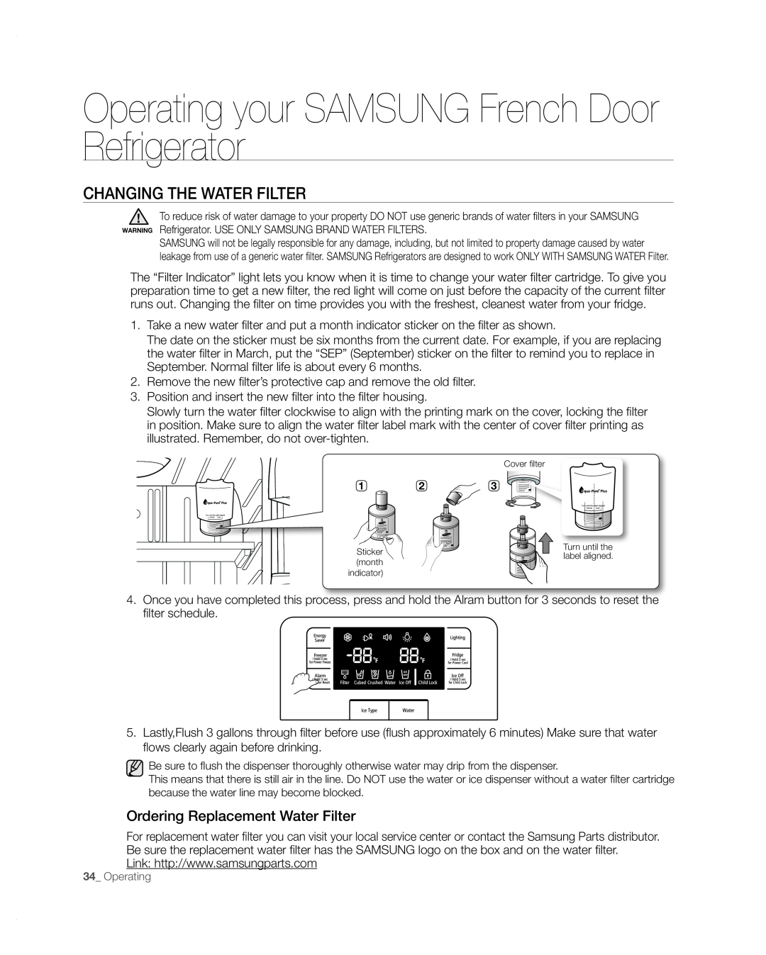 Samsung RFG297AARS/XAA user manual CHAnGinG tHE wAtER FiLtER, Operating your SAMSUNG French Door Refrigerator 