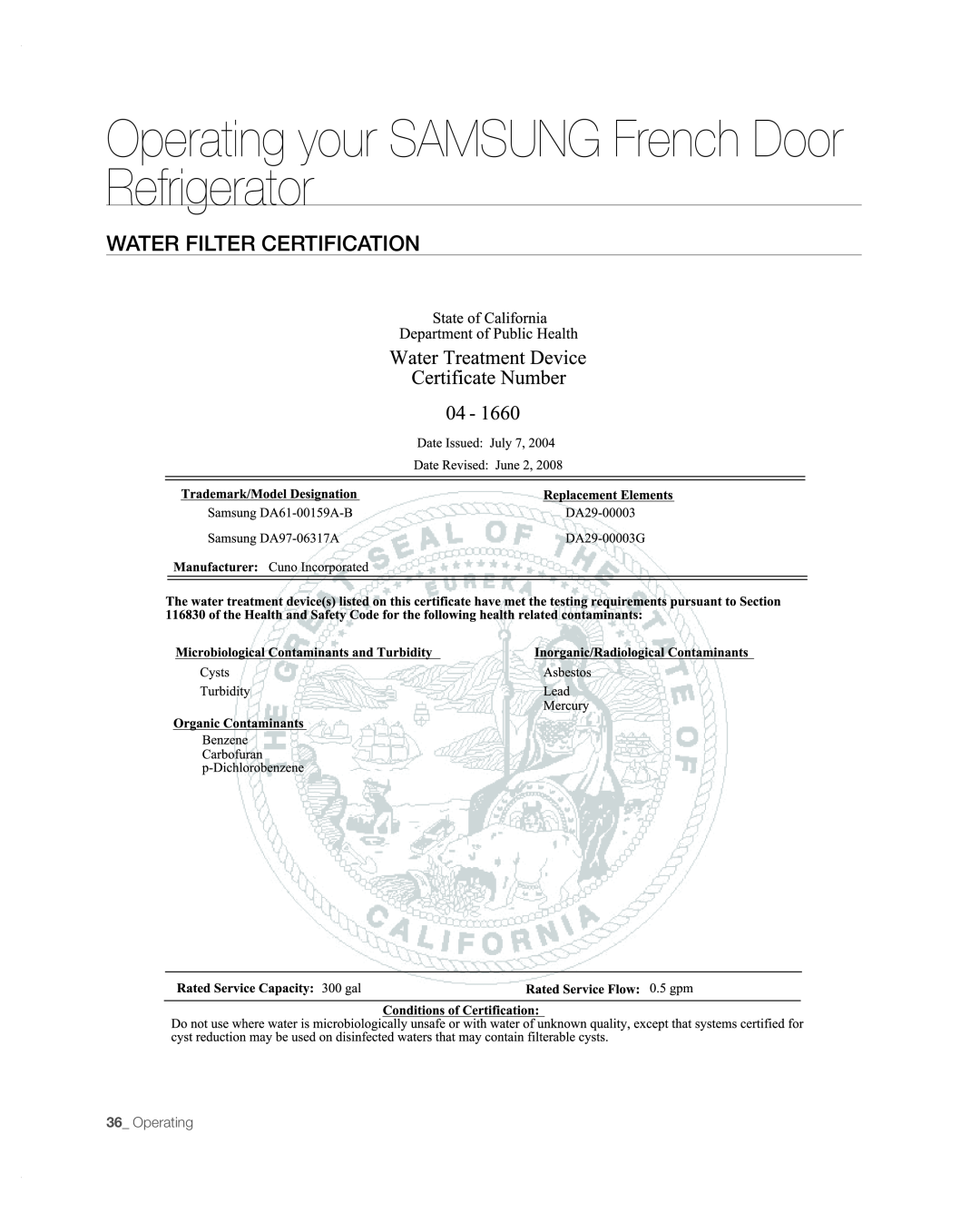 Samsung RFG297AARS/XAA user manual Water Filter Certification, Operating your SAMSUNG French Door Refrigerator 