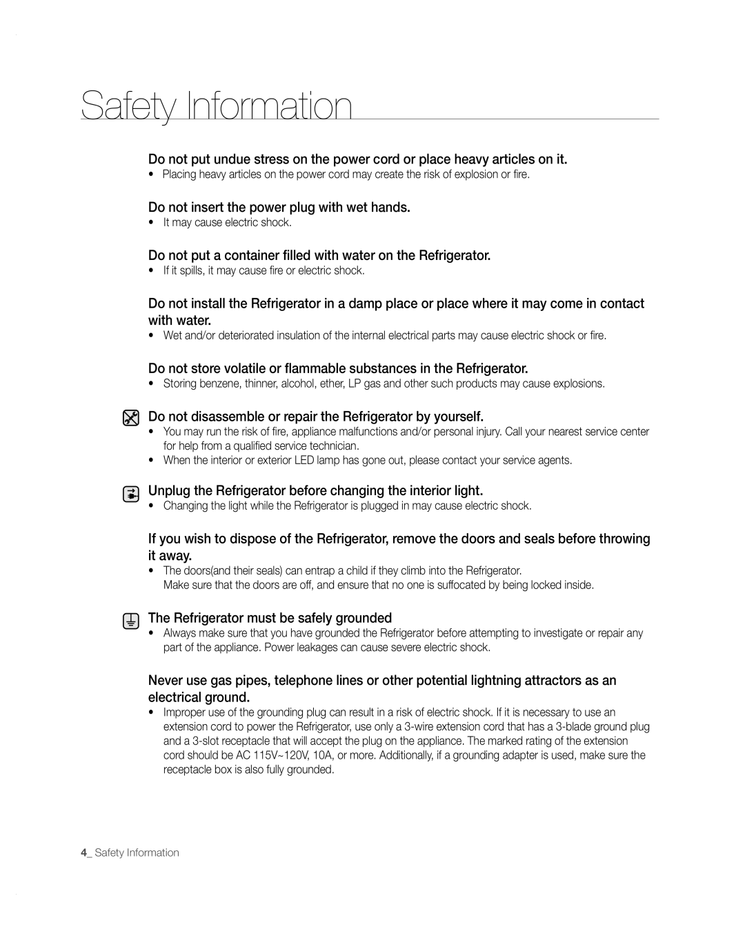 Samsung RFG297AARS/XAA user manual Safety Information, Do not insert the power plug with wet hands 