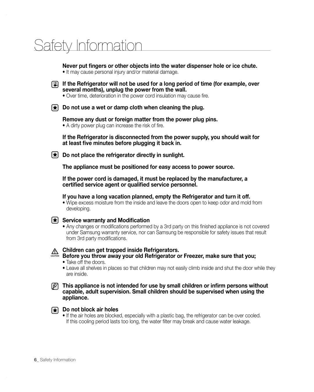 Samsung RFG297AARS/XAA user manual Safety Information 