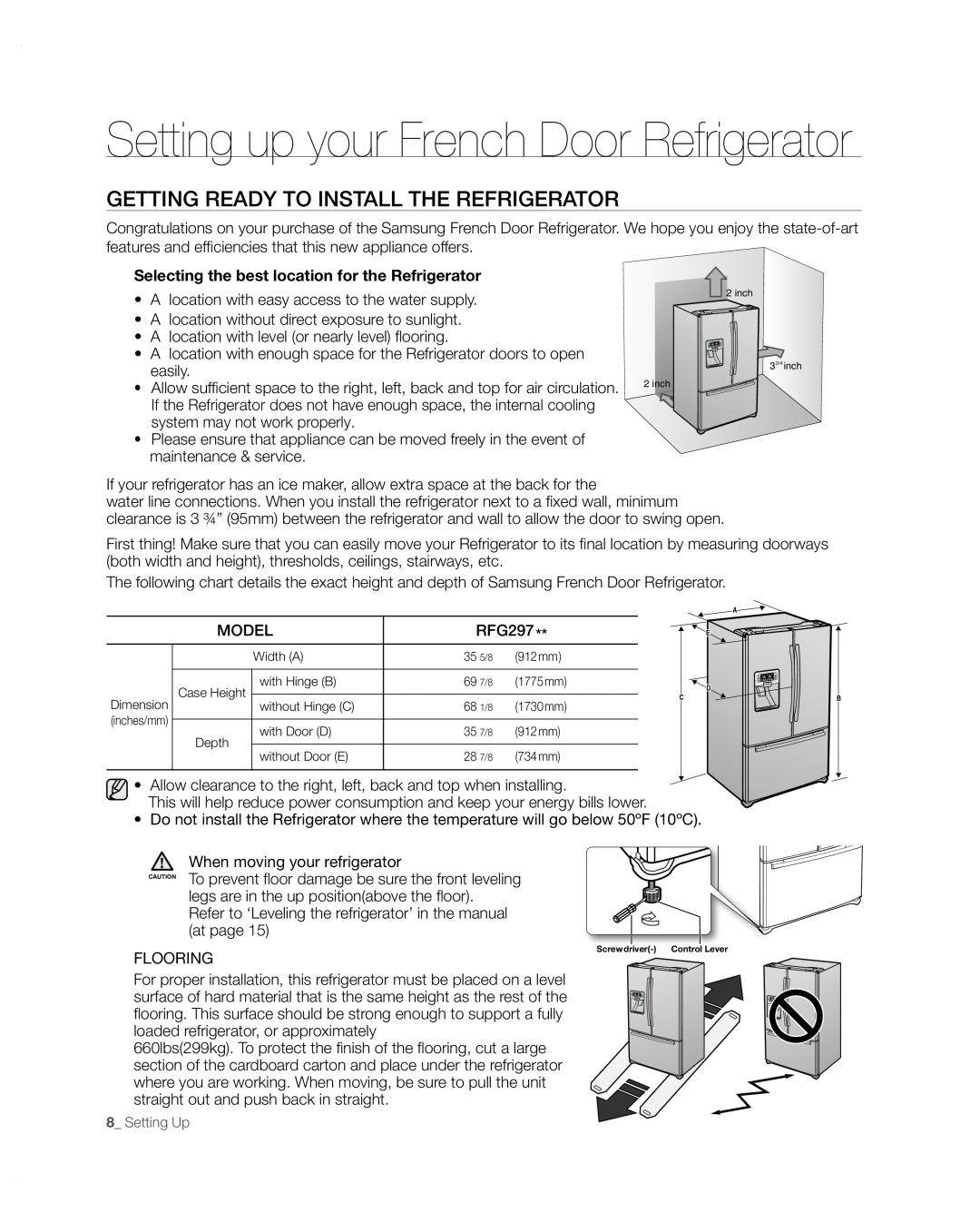 Samsung RFG297AARS/XAA user manual Setting up your French Door Refrigerator, GEttinG READy to instALL tHE REFRiGERAtoR 