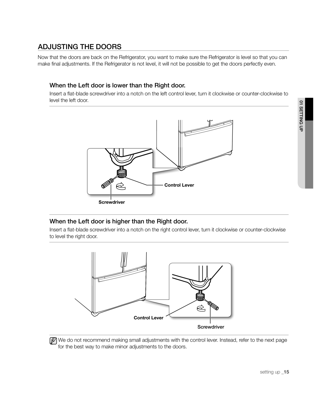 Samsung RFG297AAWP user manual ADJustinG tHE DooRs, When the left door is lower than the Right door 