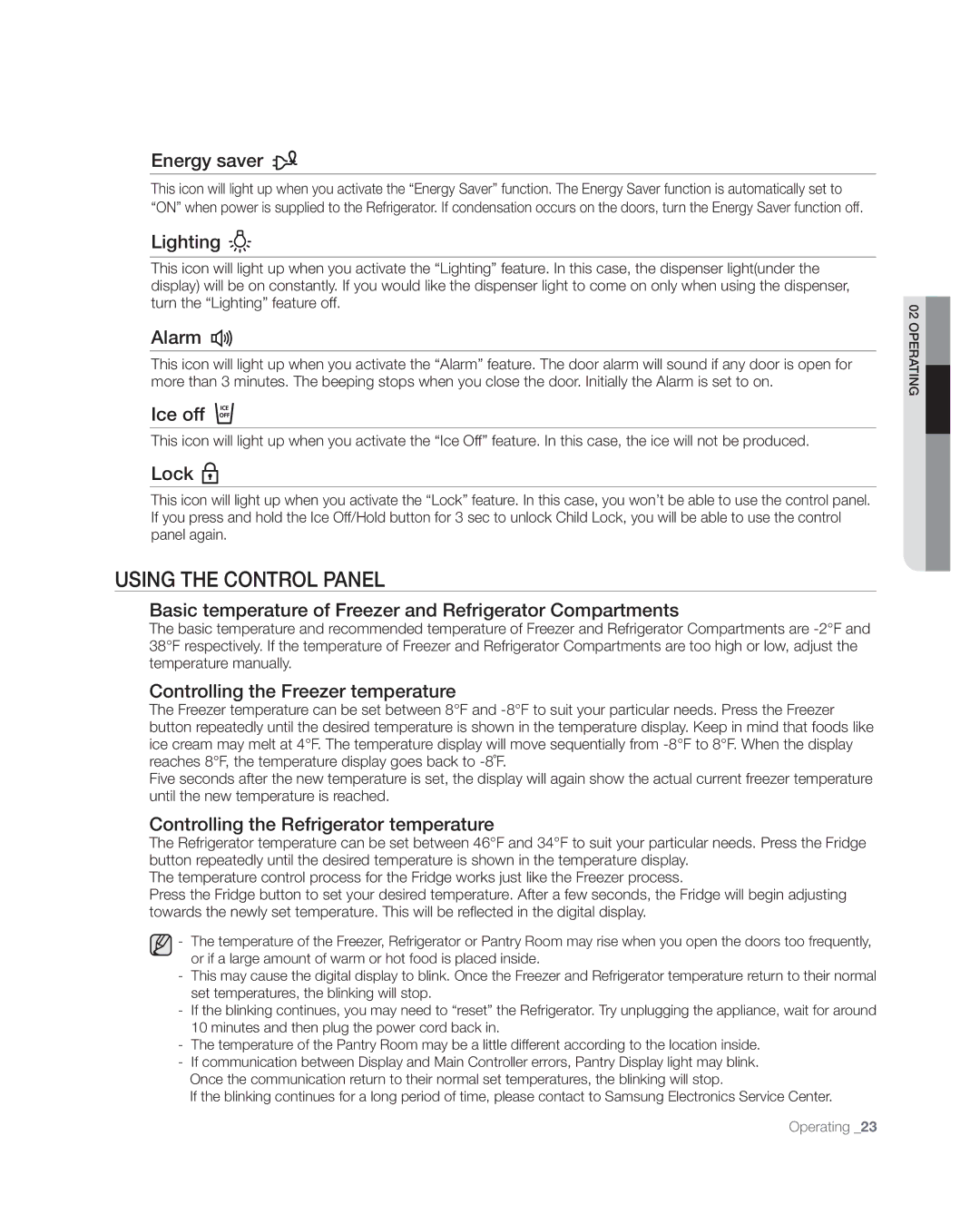 Samsung RFG297AAWP user manual Energy saver, Lighting, Alarm, Ice off, Lock, Controlling the Freezer temperature 