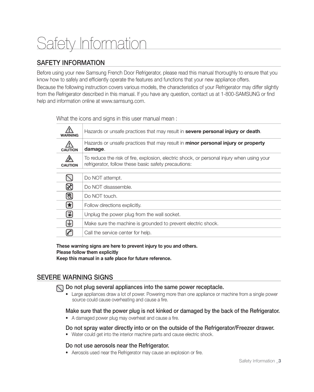 Samsung RFG297AAWP user manual Safety Information, Severe Warning Signs, Do not use aerosols near the Refrigerator 