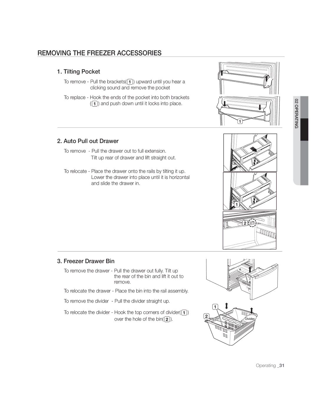 Samsung RFG297AAWP user manual Removing the Freezer Accessories, Tilting Pocket, Auto Pull out Drawer, Freezer Drawer Bin 