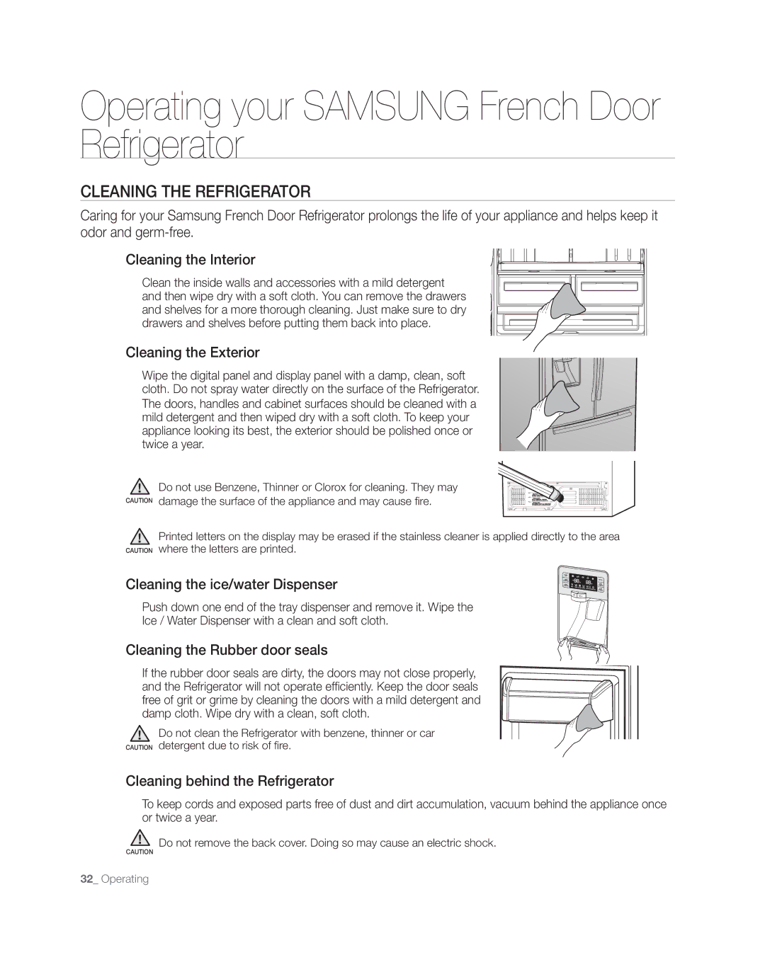 Samsung RFG297AAWP user manual CLEAninG tHE REFRiGERAtoR, Cleaning the Exterior, Cleaning the ice/water Dispenser 