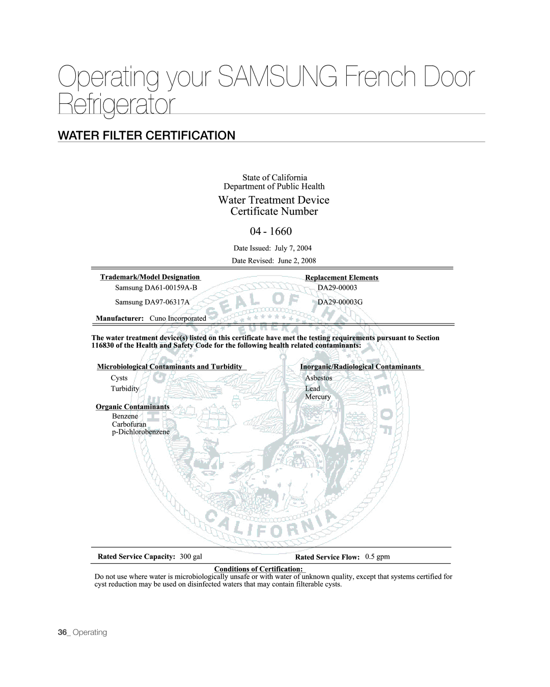 Samsung RFG297AAWP user manual Water Filter Certification 