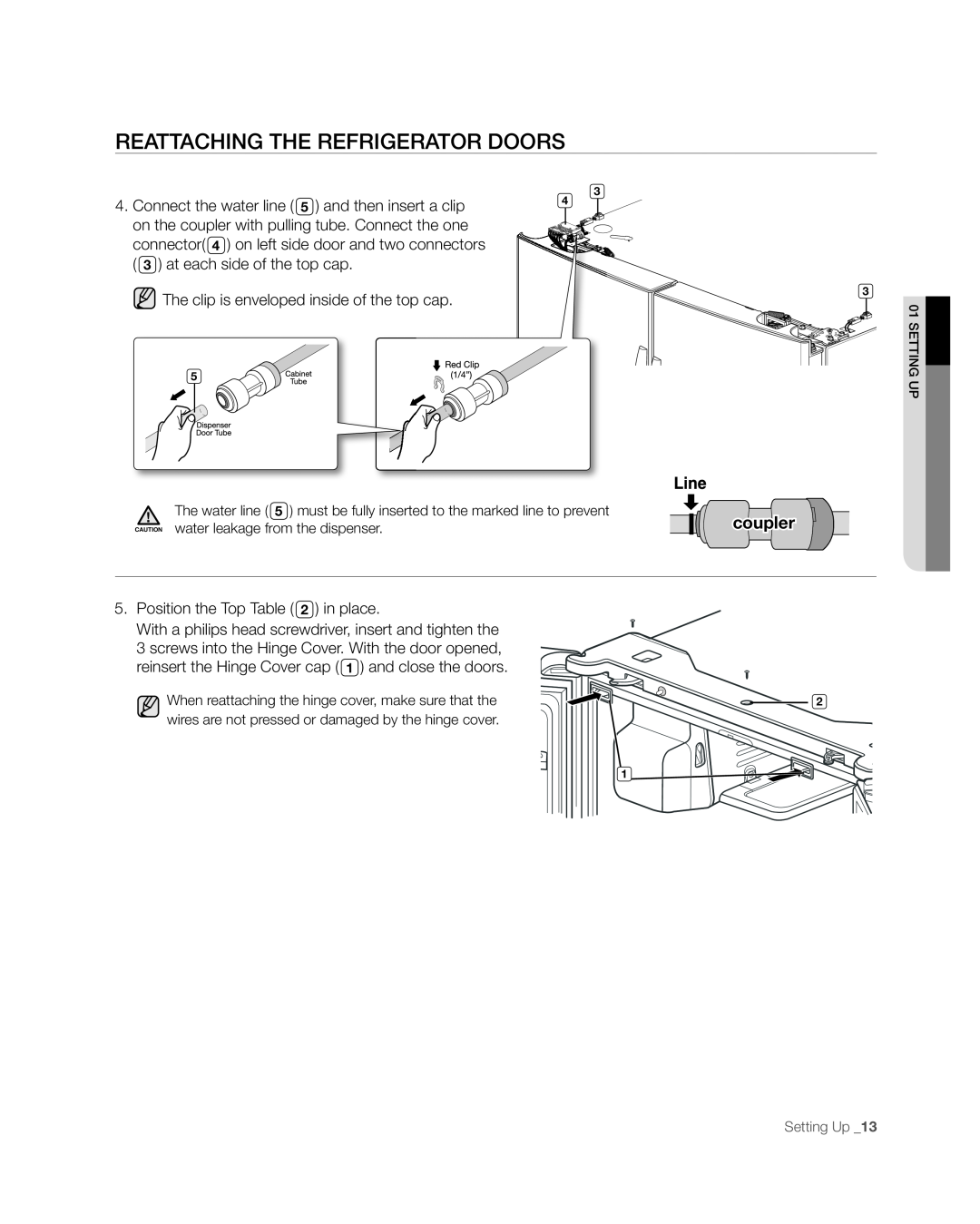 Samsung RFG297AAWP user manual REAttACHinG tHE REFRiGERAtoR DooRs, coupler, 01sEttinG uP 