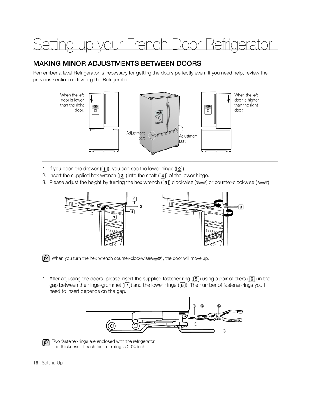Samsung RFG297AAWP user manual Making Minor Adjustments Between Doors, Setting up your French Door Refrigerator 