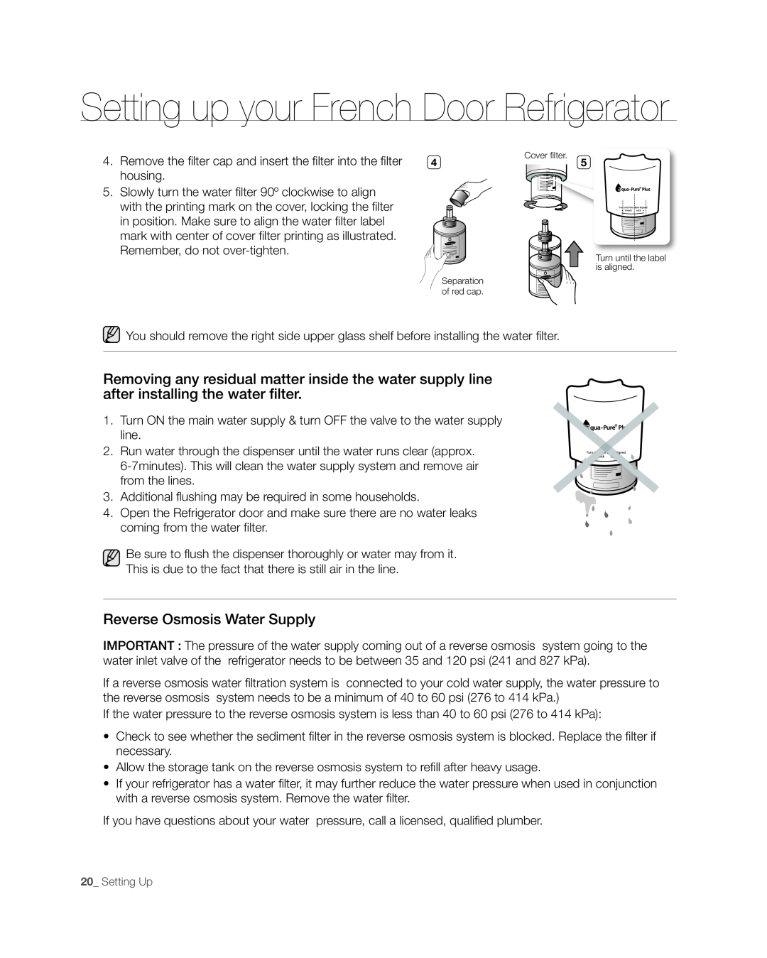 Samsung RFG297AAWP user manual Setting up your French Door Refrigerator, Reverse osmosis water supply, housing 