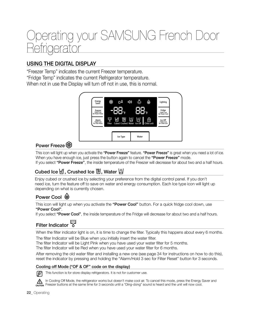 Samsung RFG297AAWP Using The Digital Display, Operating your SAMSUNG French Door Refrigerator, Power Freeze, Power Cool 