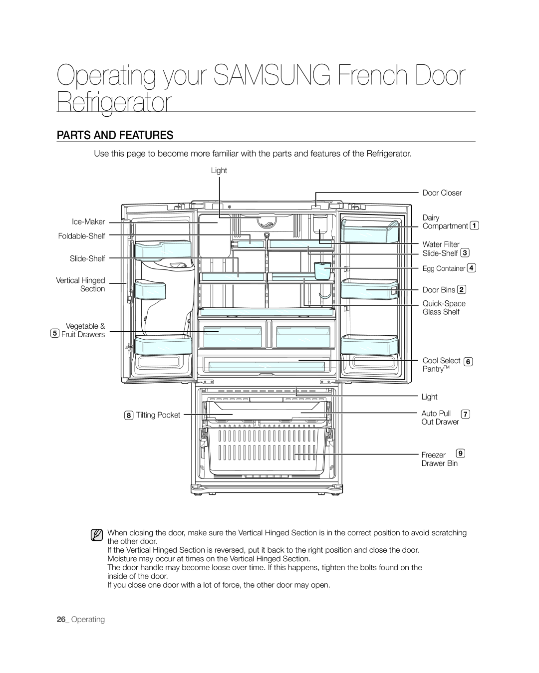 Samsung RFG297AAWP user manual Parts And Features, Operating your SAMSUNG French Door Refrigerator 