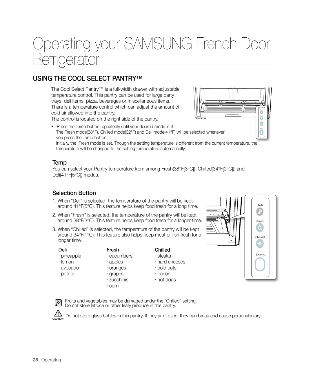 Samsung RFG297AAWP usinG tHE Cool sElECt PAntRy, Operating your SAMSUNG French Door Refrigerator, temp, selection Button 