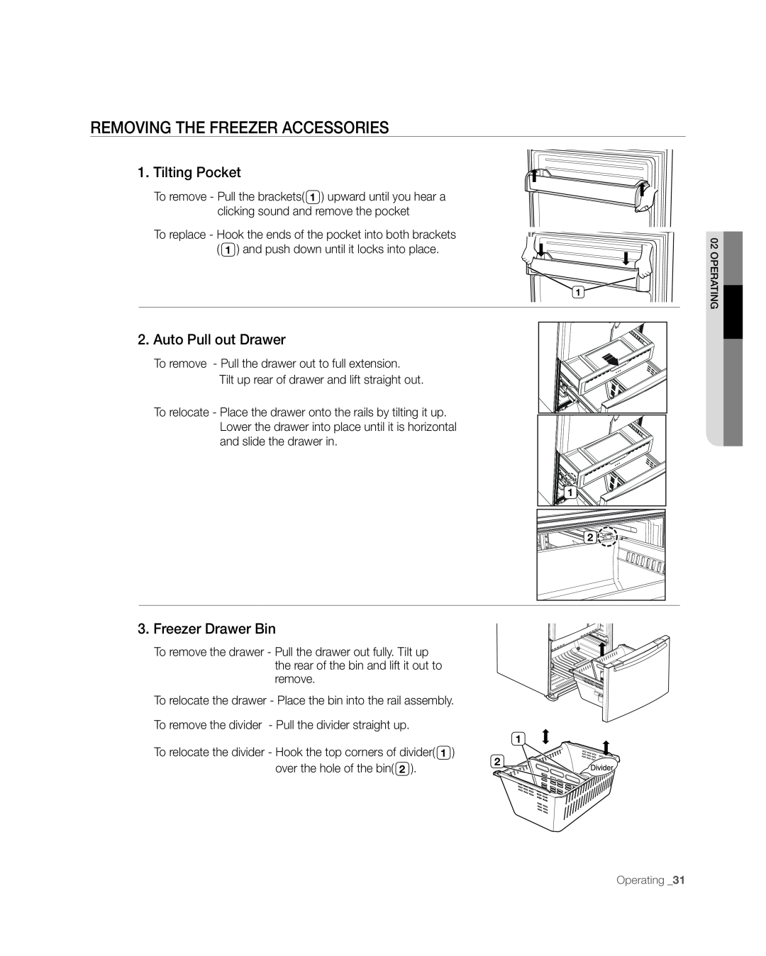 Samsung RFG297AAWP user manual Removing The Freezer Accessories, Tilting Pocket, Auto Pull out Drawer, Freezer Drawer Bin 