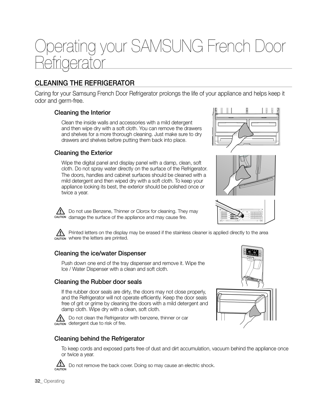 Samsung RFG297AAWP CLEAninG tHE REFRiGERAtoR, Operating your SAMSUNG French Door Refrigerator, Cleaning the Interior 
