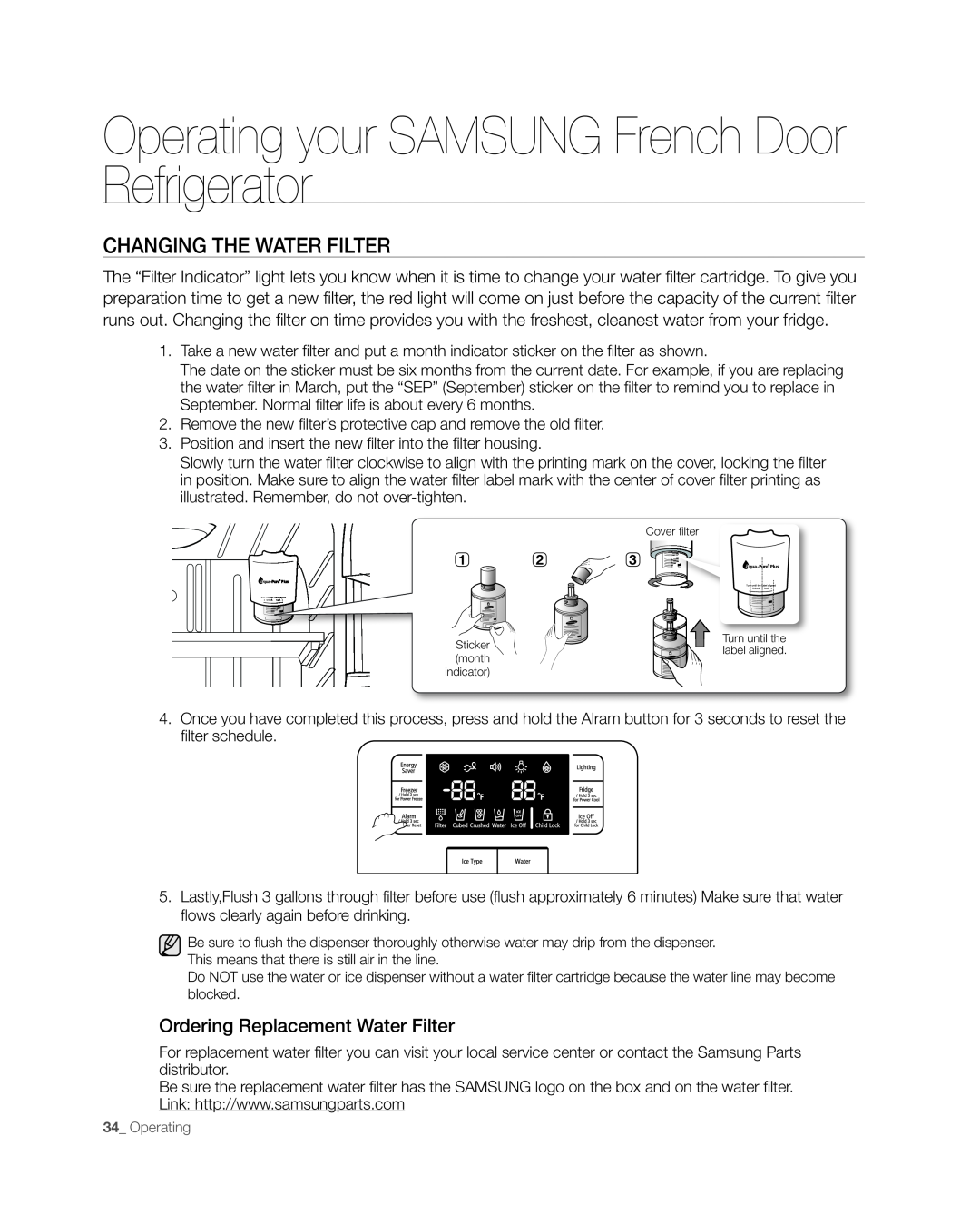 Samsung RFG297AAWP user manual CHAnGinG tHE wAtER FiltER, Operating your SAMSUNG French Door Refrigerator 