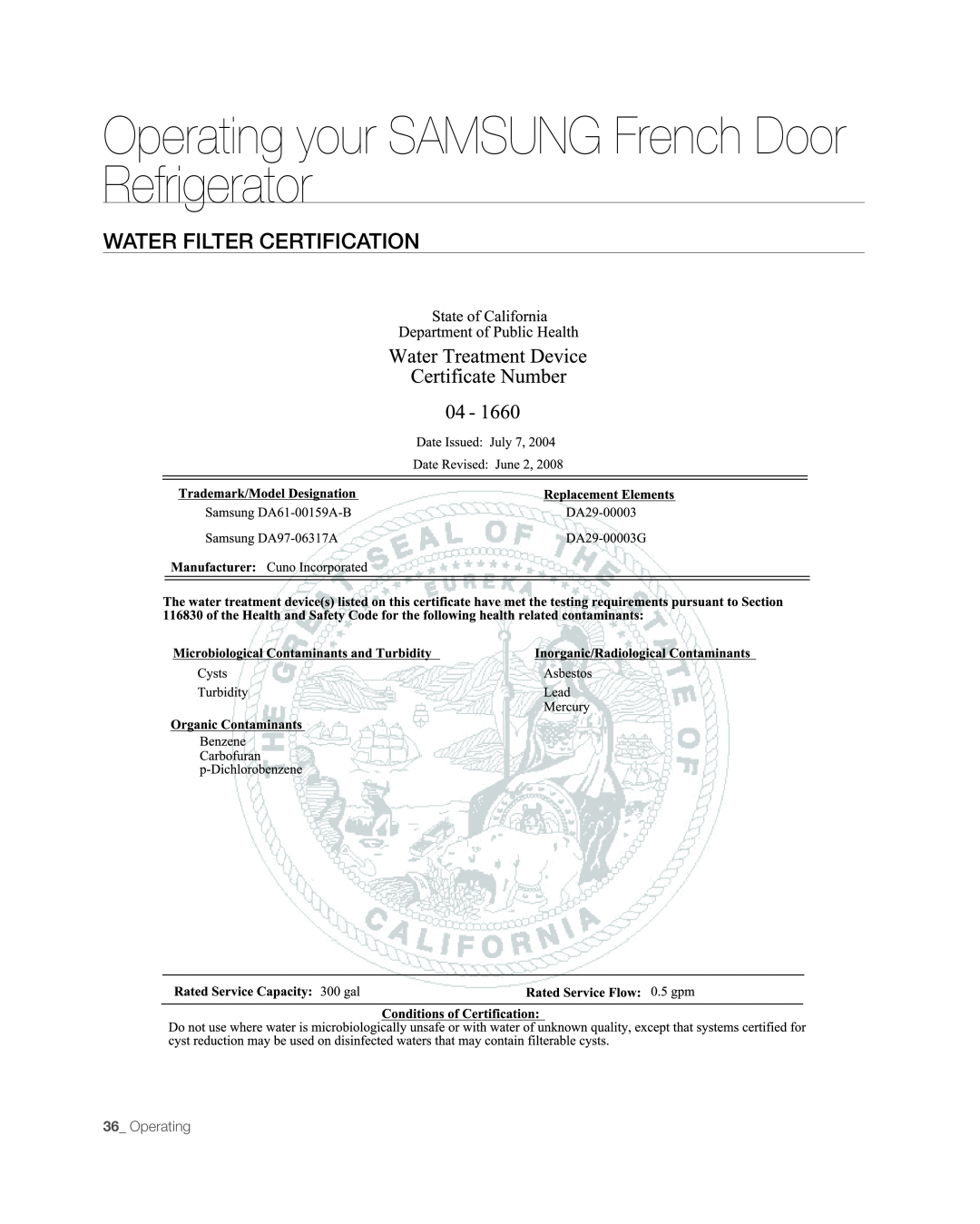 Samsung RFG297AAWP user manual Water Filter Certification, Operating your SAMSUNG French Door Refrigerator 