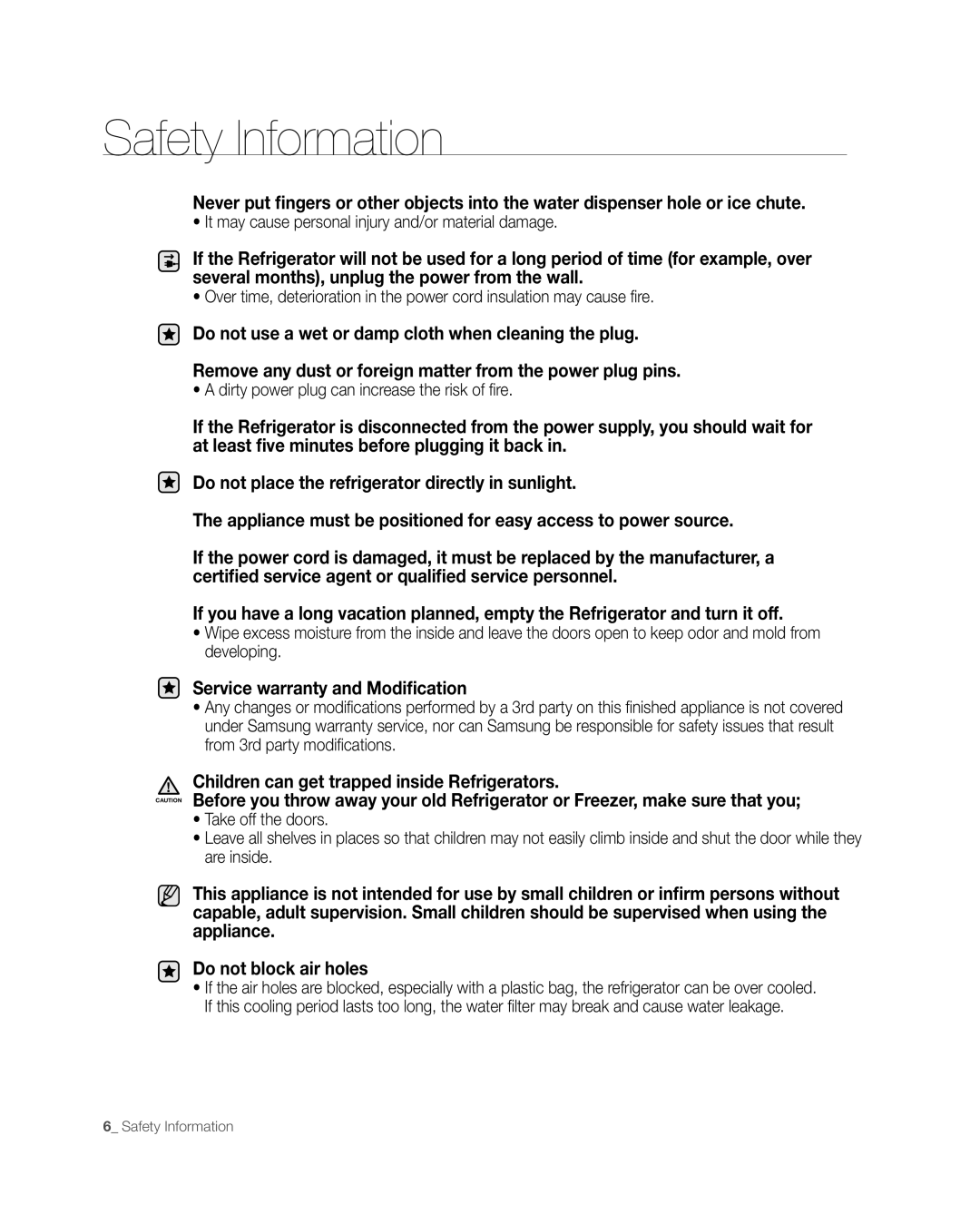 Samsung RFG297AAWP user manual Safety Information 
