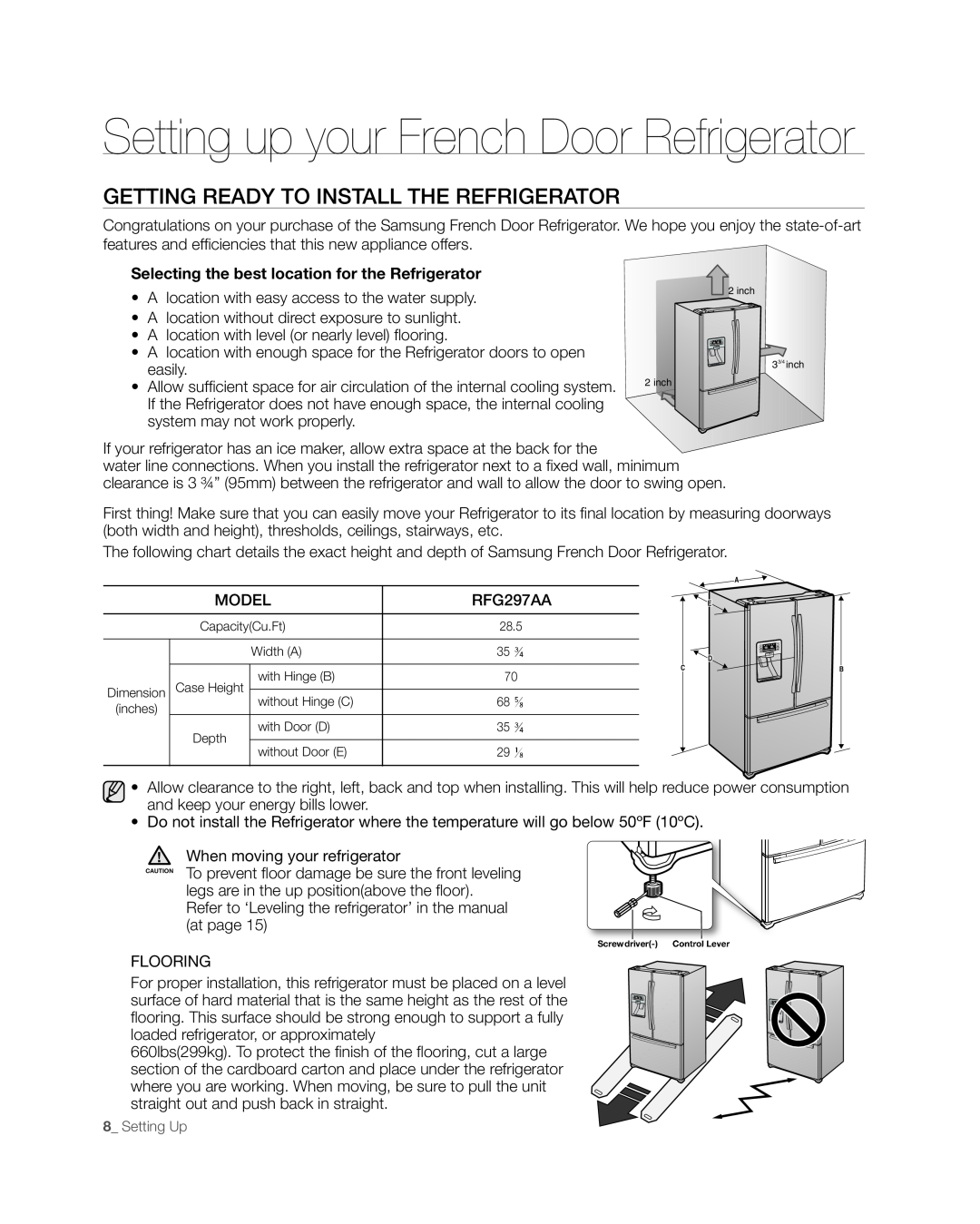 Samsung RFG297AAWP user manual Setting up your French Door Refrigerator, GEttinG READy to instAll tHE REFRiGERAtoR 
