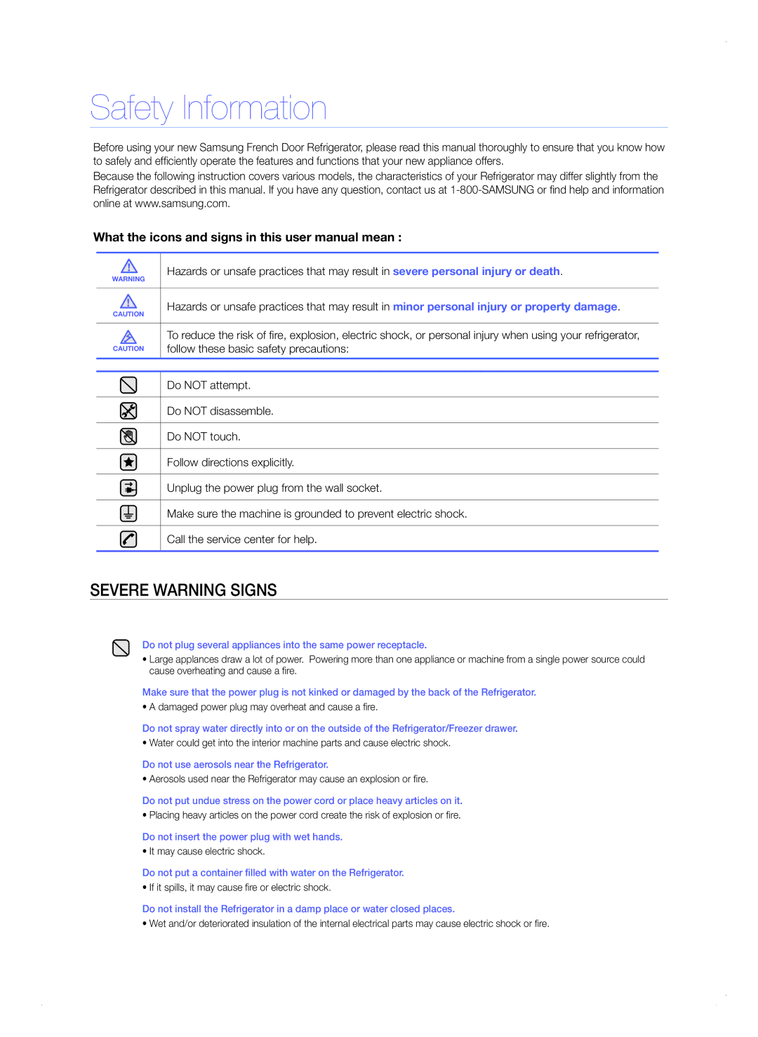 Samsung RFG297AB quick start Safety Information, Do not use aerosols near the Refrigerator 